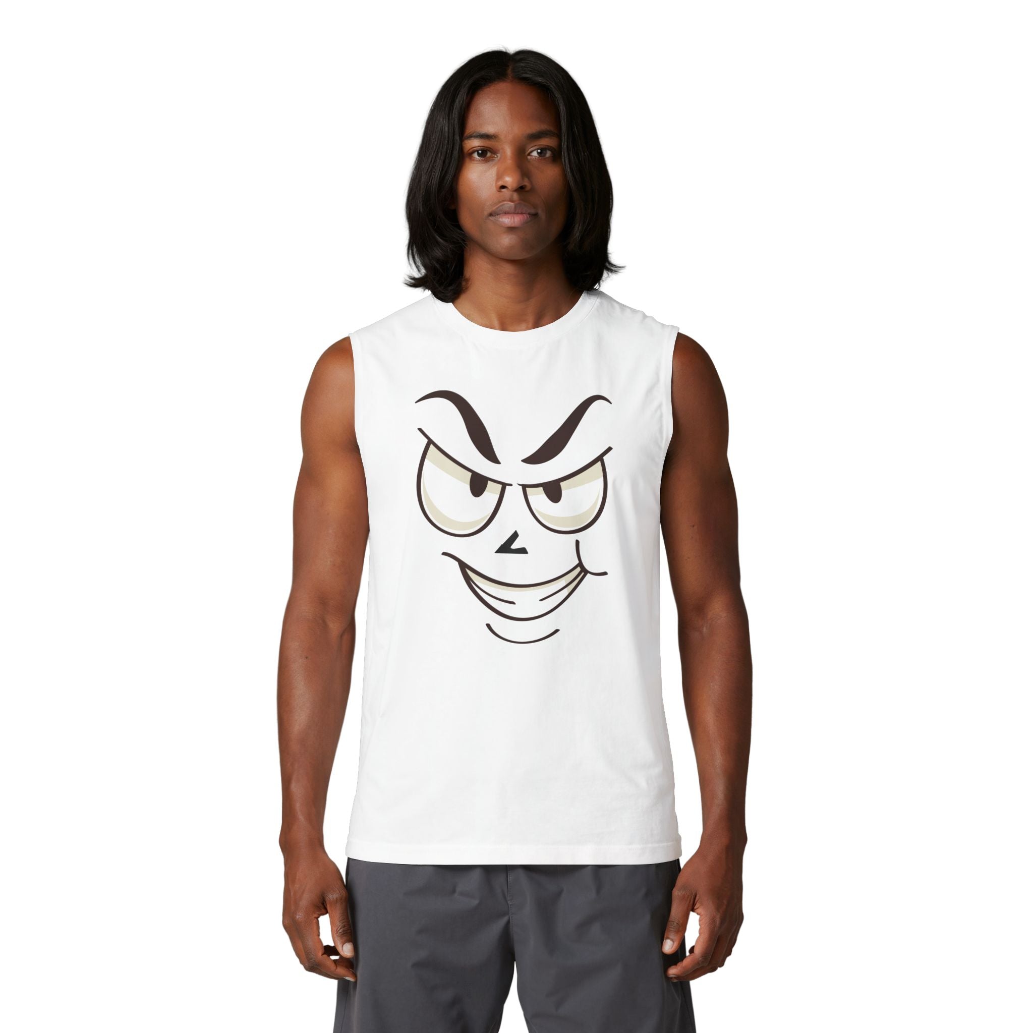Smirking Face Muscle Tank — Playful Emoji Graphic Tank Top