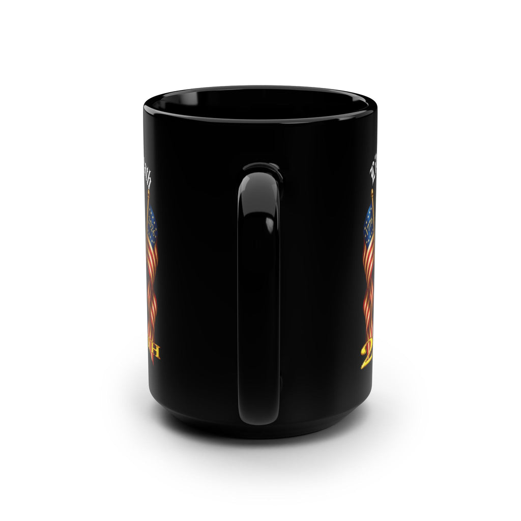 Liberty or Death 250th Anniversary Black Mug — Patriotic Statue & Flags 15oz