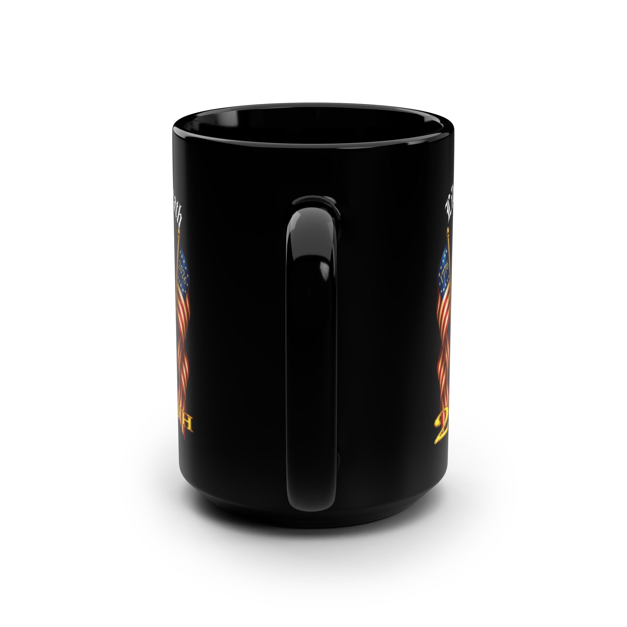 Liberty or Death 250th Anniversary Black Mug — Patriotic Statue & Flags 15oz