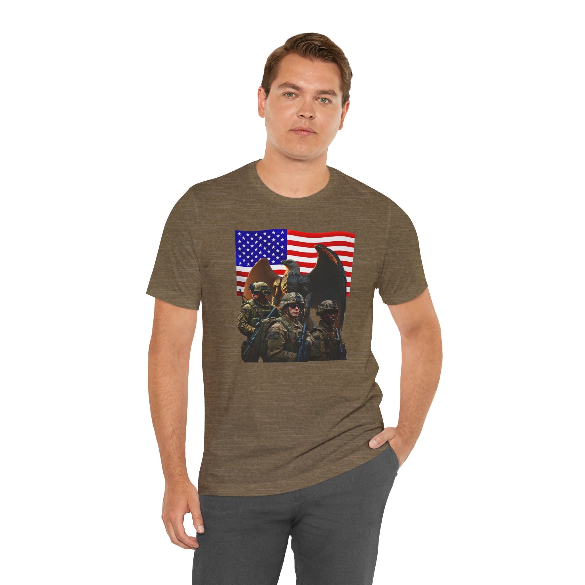 Eagle On Watch T-Shirt — Soldiers with American Flag Graphic
