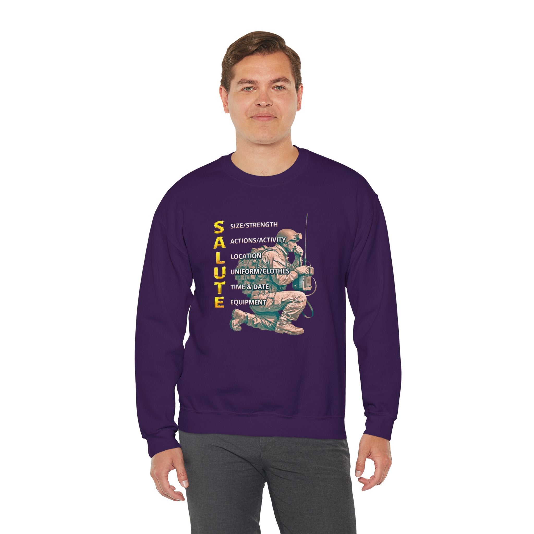 Salute Military Crewneck Sweatshirt — Tactical Kneeling Soldier Design