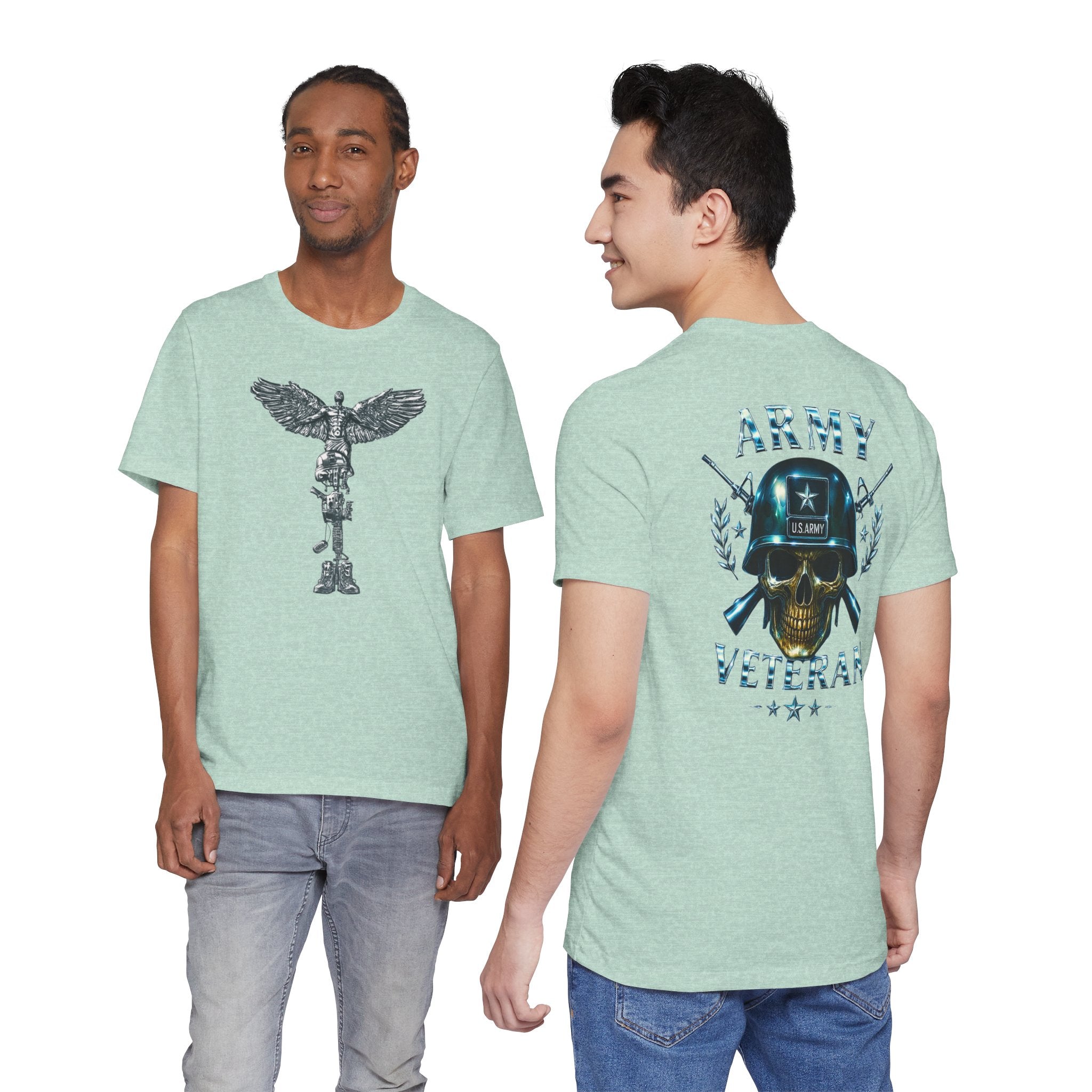 Army Veteran T-Shirt — Military Skull Helmet Back & Winged Medic Front Tee
