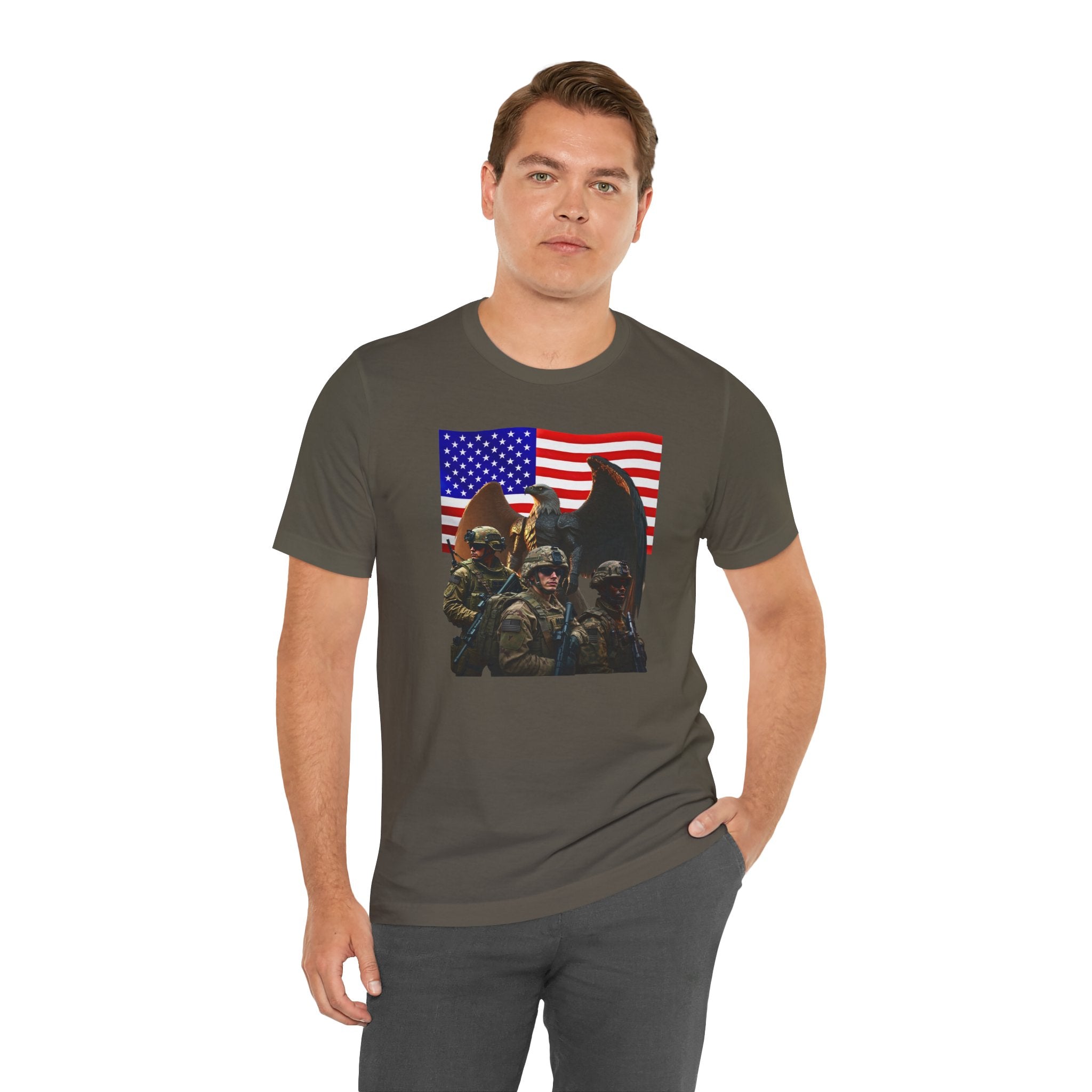 Eagle On Watch T-Shirt — Soldiers with American Flag Graphic