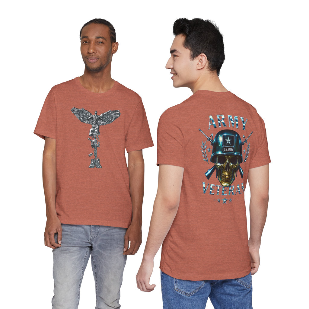 Army Veteran T-Shirt — Military Skull Helmet Back & Winged Medic Front Tee