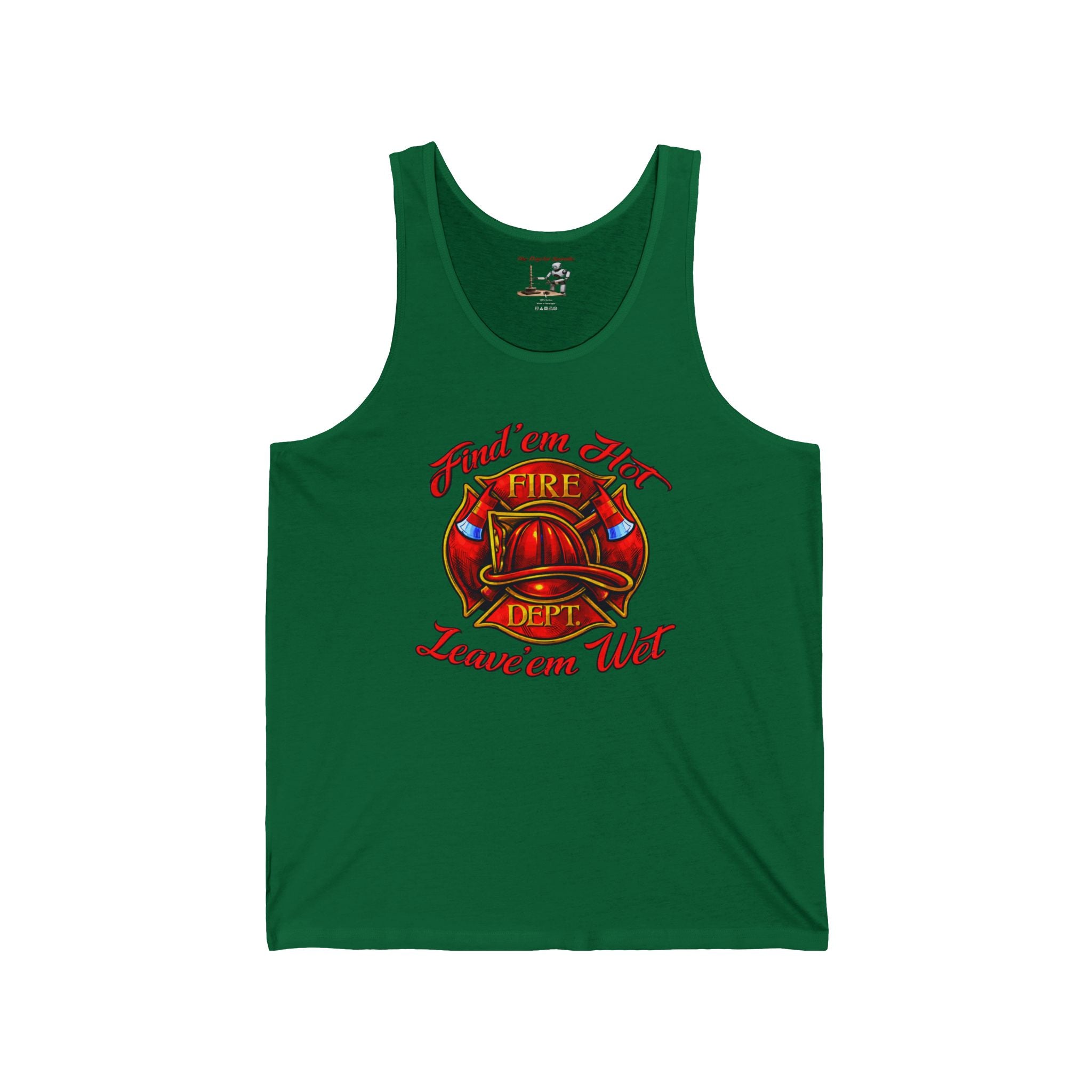 Firefighter Helmet Tank Top - "Find 'em Hot, Leave 'em Wet" Graphic