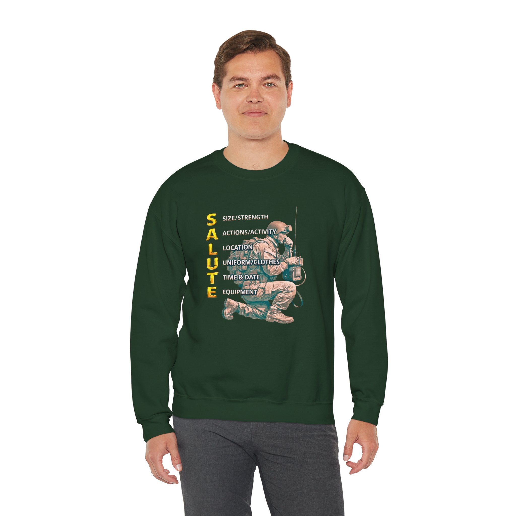 Salute Military Crewneck Sweatshirt — Tactical Kneeling Soldier Design