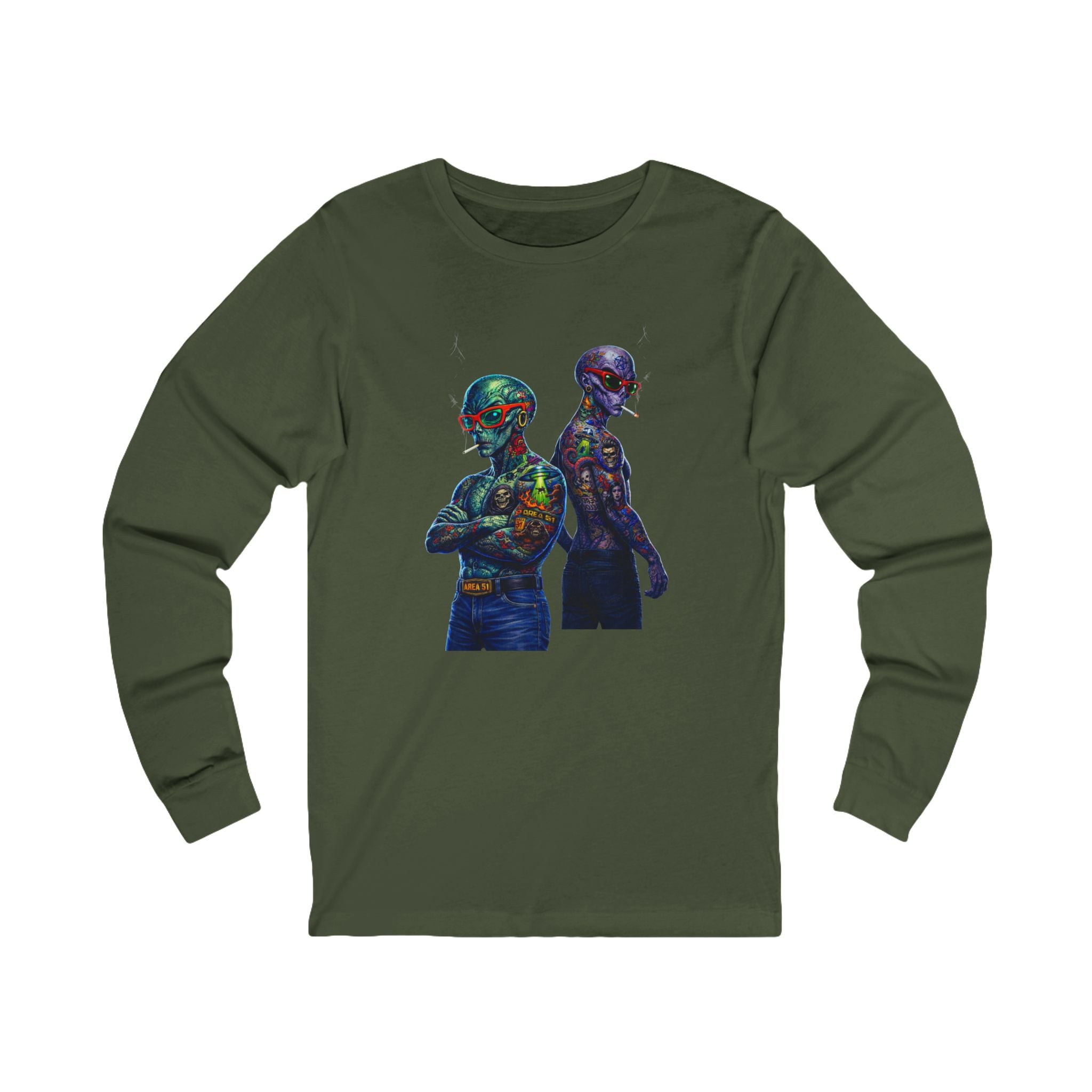 Psychedelic Alien Art Long Sleeve Tee — Colorful Cosmic Duo Graphic