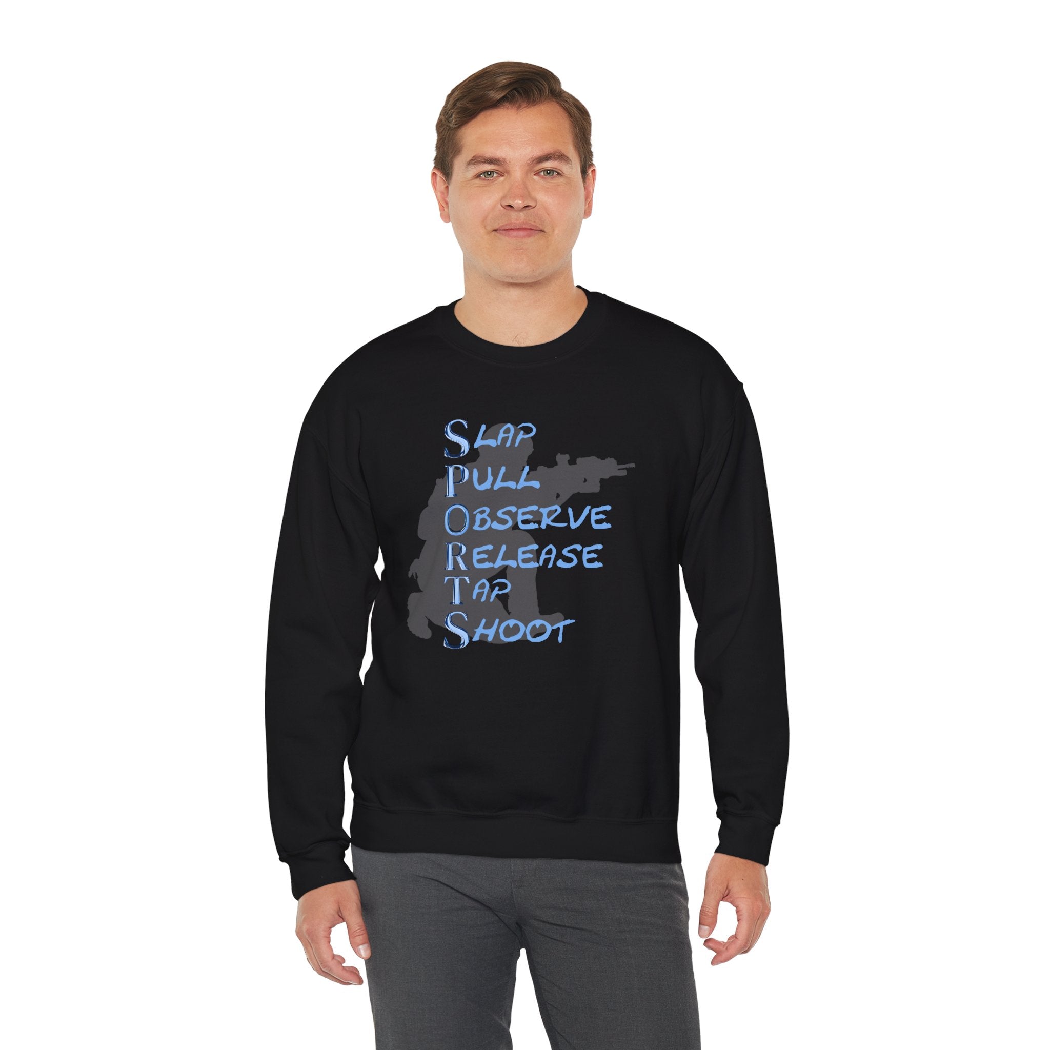 SPORTS Crewneck Sweatshirt – 'Slap Pull Observe Release Take Shoot' Silhouette