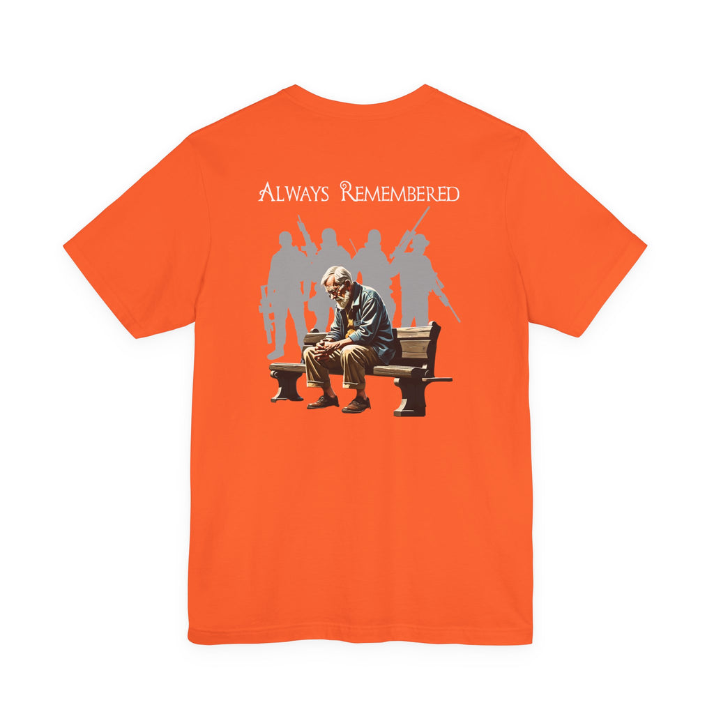 Veteran Tribute Tee — Fallen Soldier Cross with Winged Helmet & 'Forgotten Hero' Bench Back Design