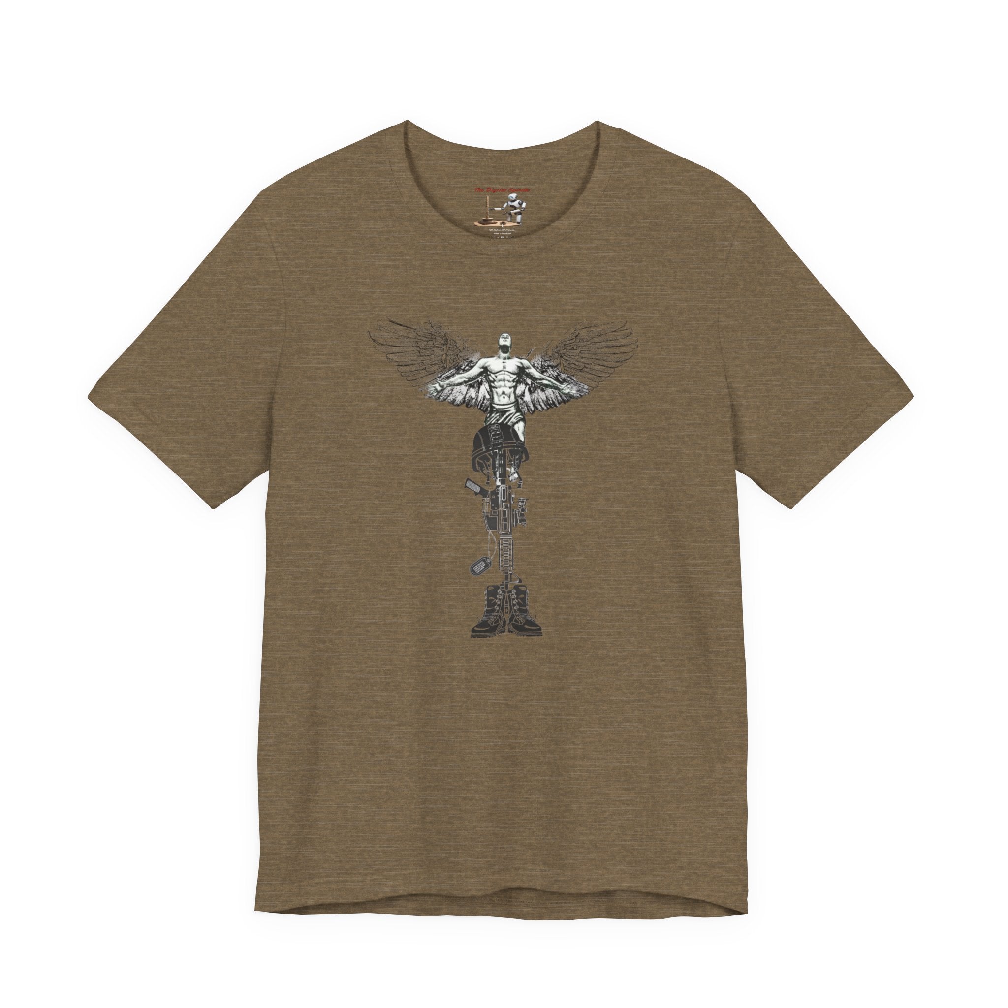 Veteran Tribute Tee — Fallen Soldier Cross with Winged Helmet & 'Forgotten Hero' Bench Back Design