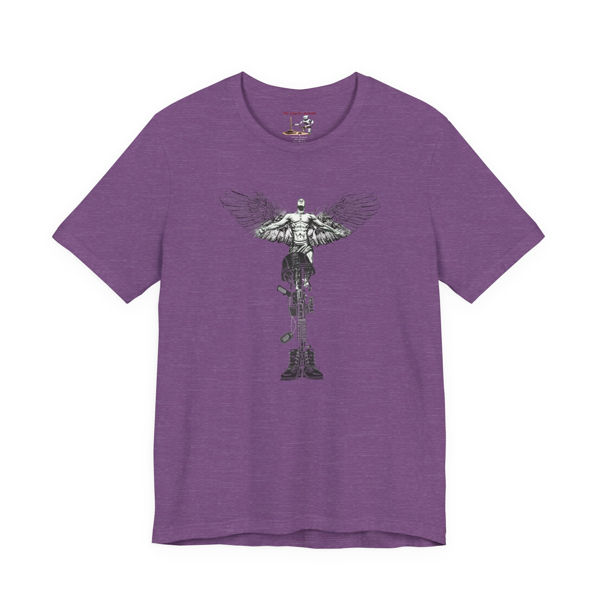 Veteran Tribute Tee — Fallen Soldier Cross with Winged Helmet & 'Forgotten Hero' Bench Back Design