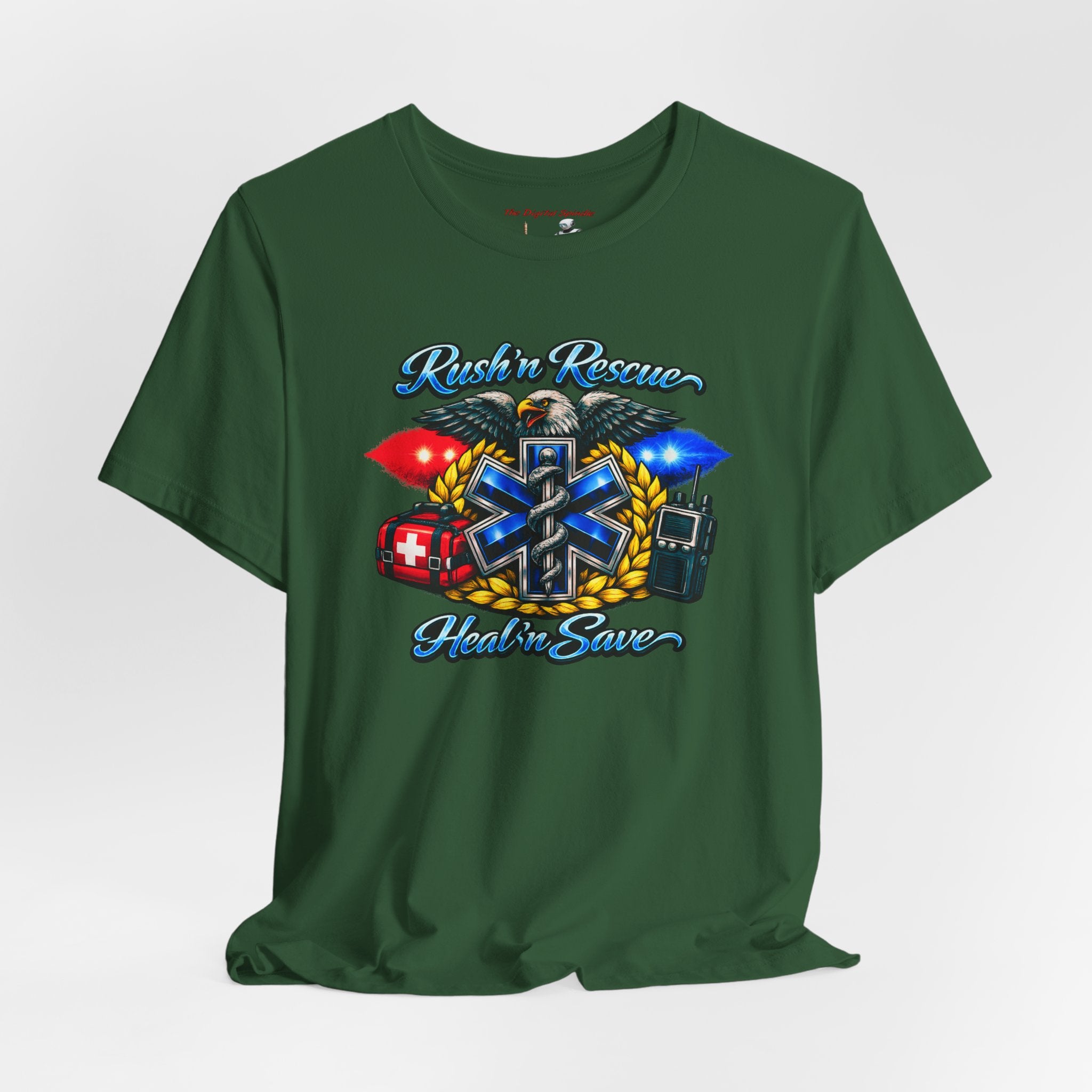 EMS Rescue Tee — "Rush n' Rescue, Heal n' Save" Emergency Medical Shirt