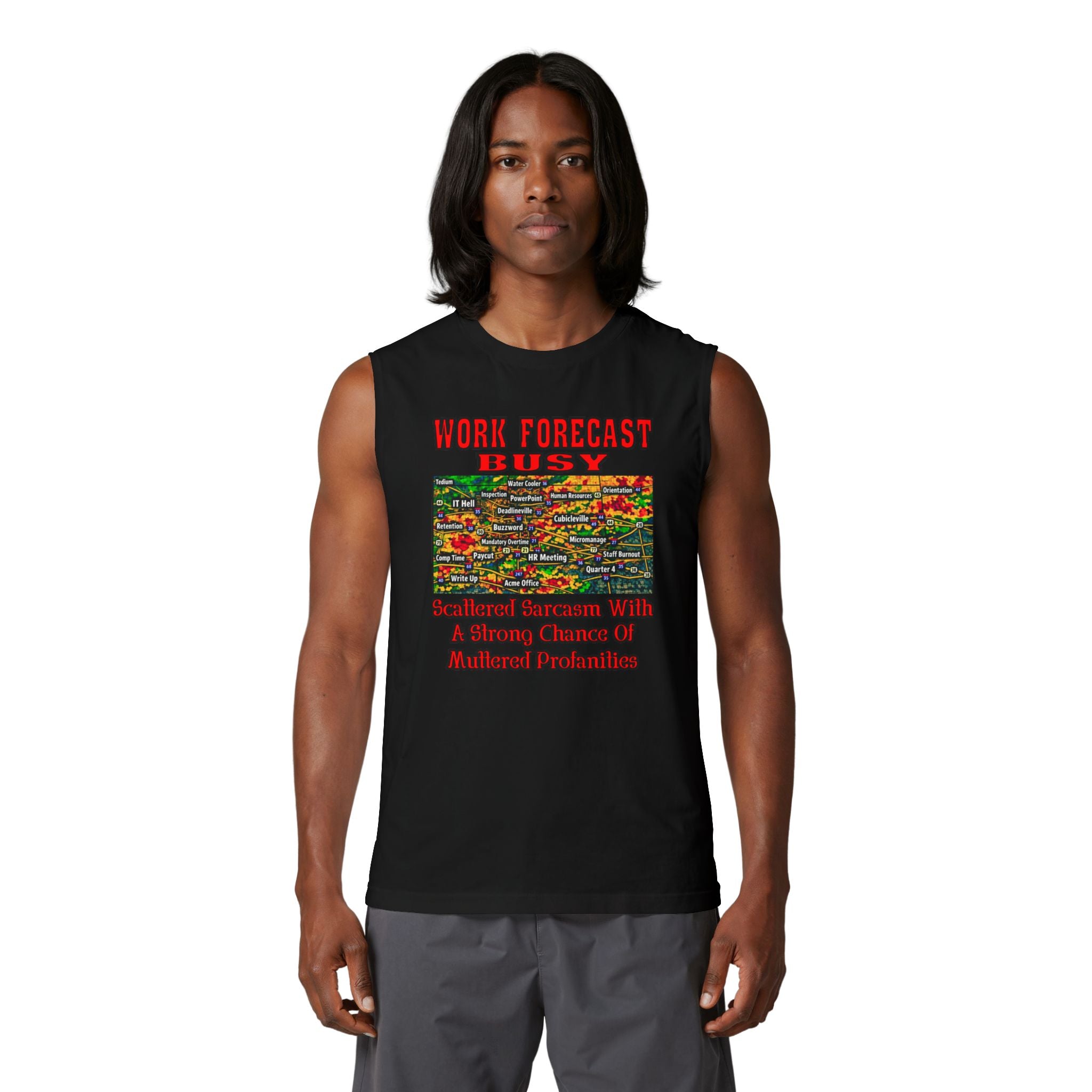 Busy Work Forecast Muscle Tank — 'Work Forecast: Busy' Humorous Office Tank Top