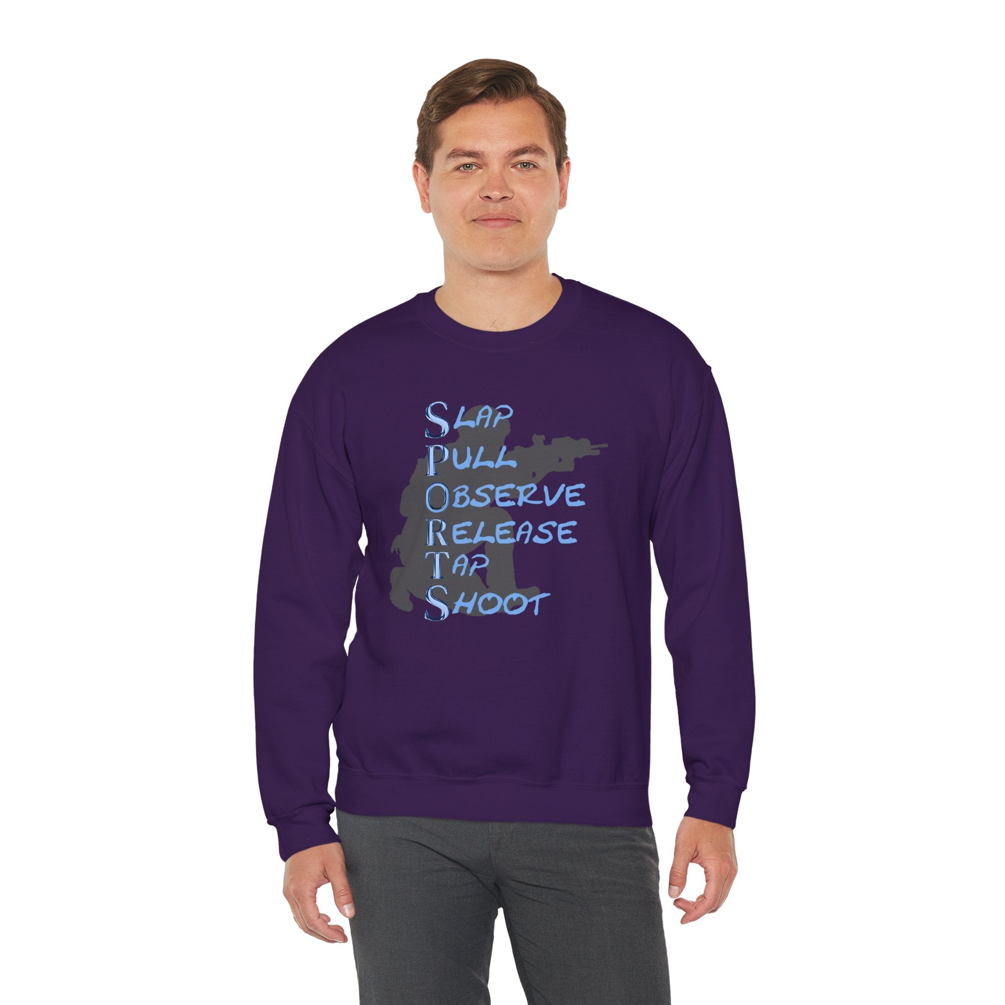 SPORTS Crewneck Sweatshirt – 'Slap Pull Observe Release Take Shoot' Silhouette