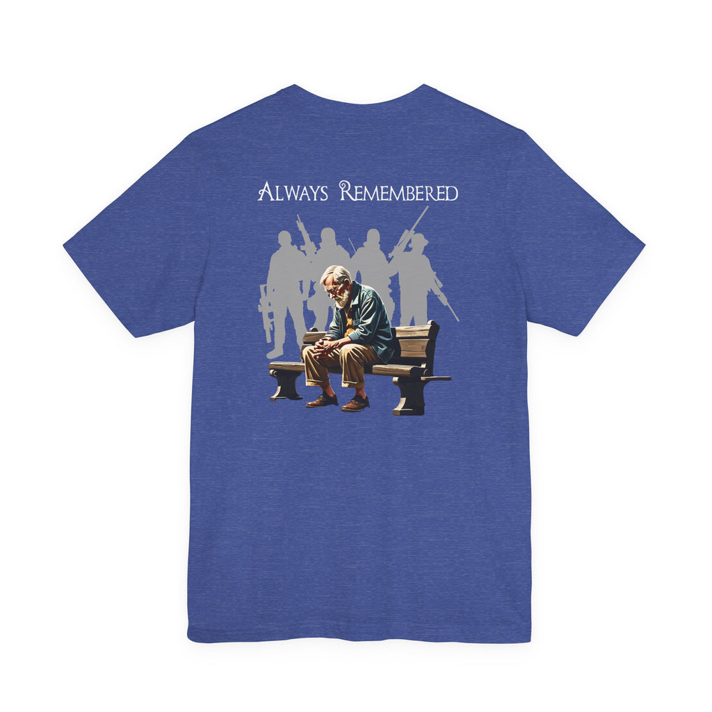Veteran Tribute Tee — Fallen Soldier Cross with Winged Helmet & 'Forgotten Hero' Bench Back Design