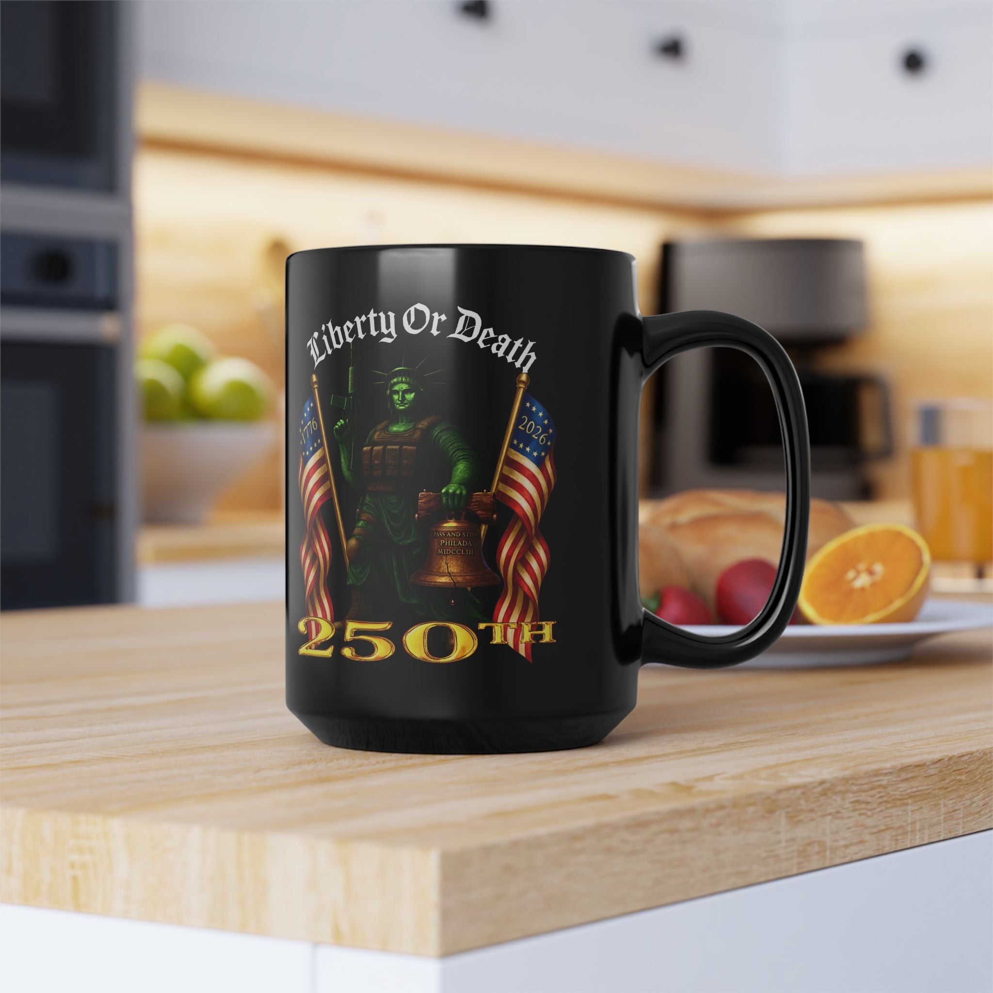 Liberty or Death 250th Anniversary Black Mug — Patriotic Statue & Flags 15oz