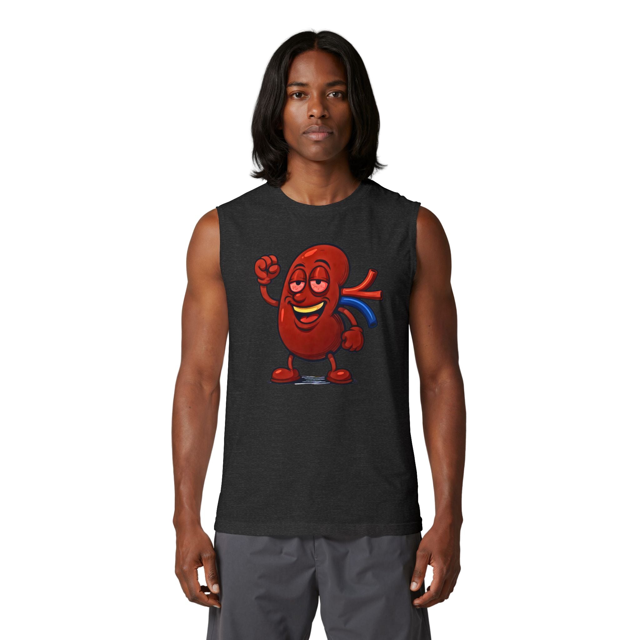Kidney Stoned Cartoon Muscle Tank — Cute Happy Kidney Illustration Fitness Tee
