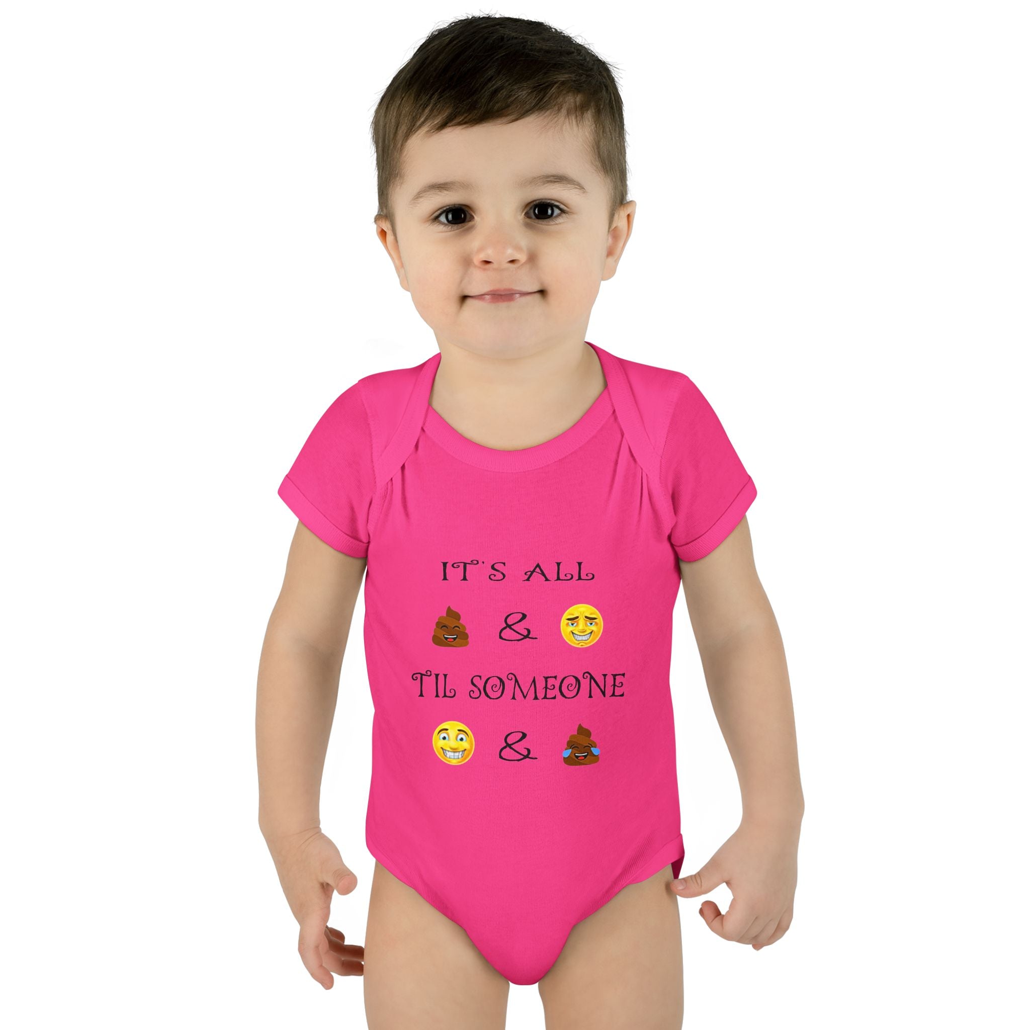 "It's All & 'Til Someone" Poop & Emoji Funny Baby Onesie