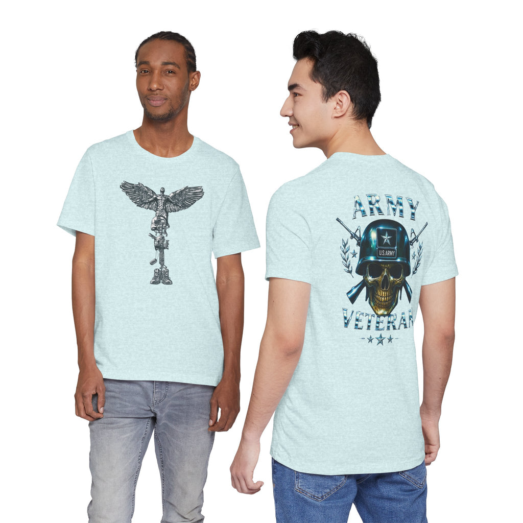 Army Veteran T-Shirt — Military Skull Helmet Back & Winged Medic Front Tee