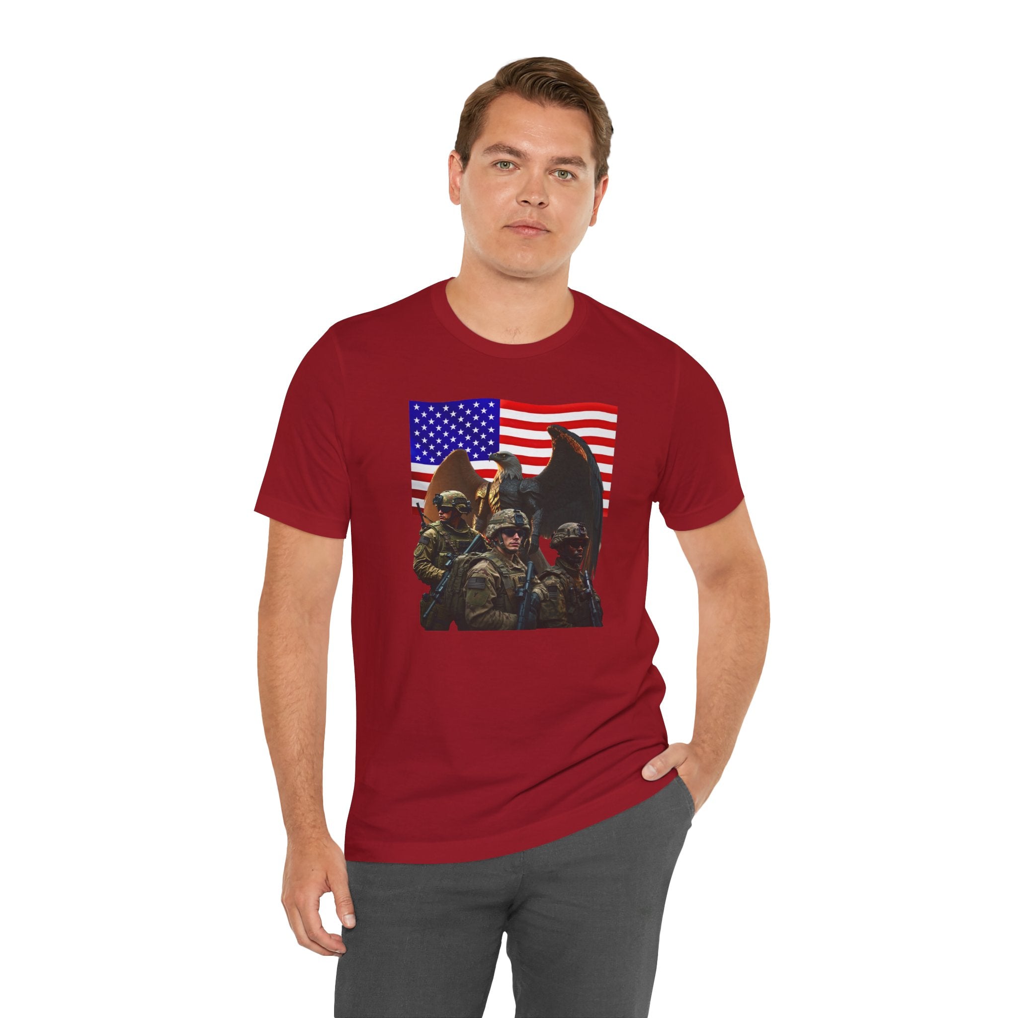 Eagle On Watch T-Shirt — Soldiers with American Flag Graphic