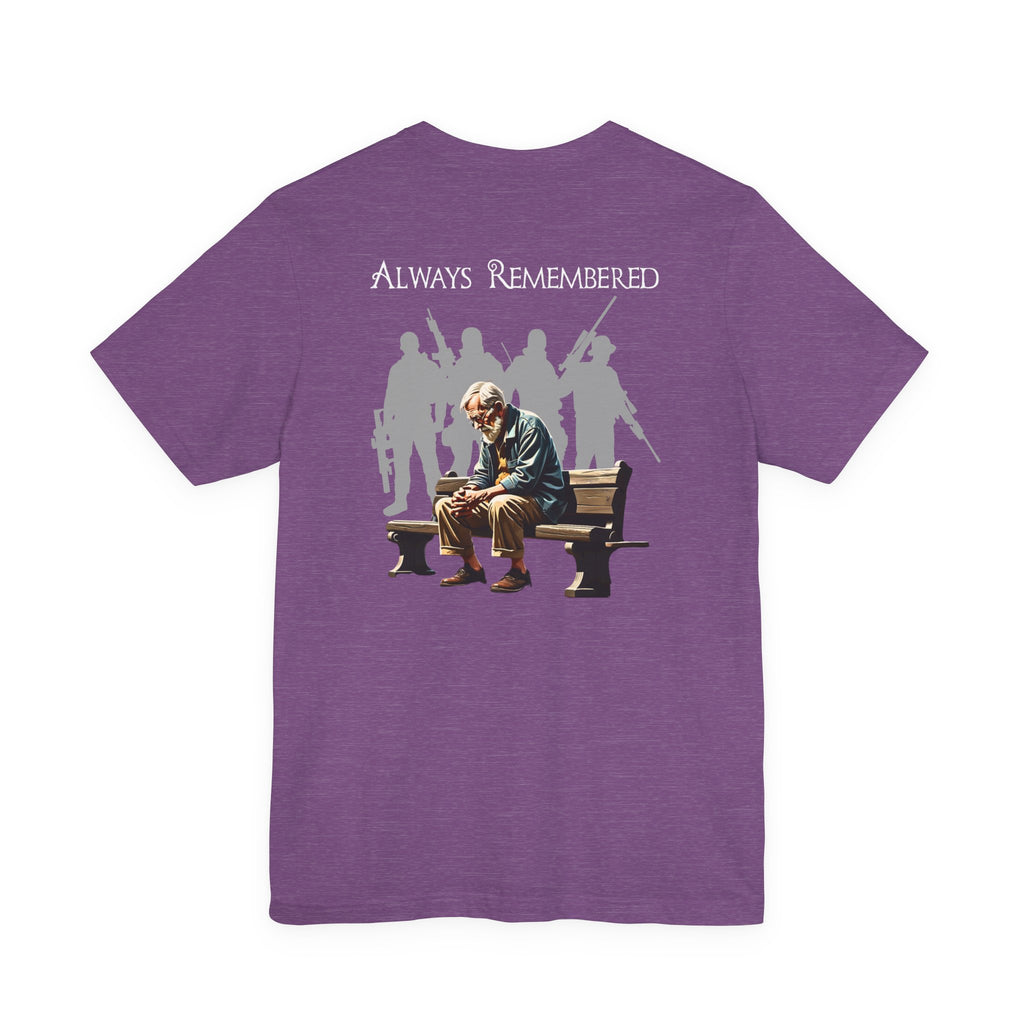 Veteran Tribute Tee — Fallen Soldier Cross with Winged Helmet & 'Forgotten Hero' Bench Back Design