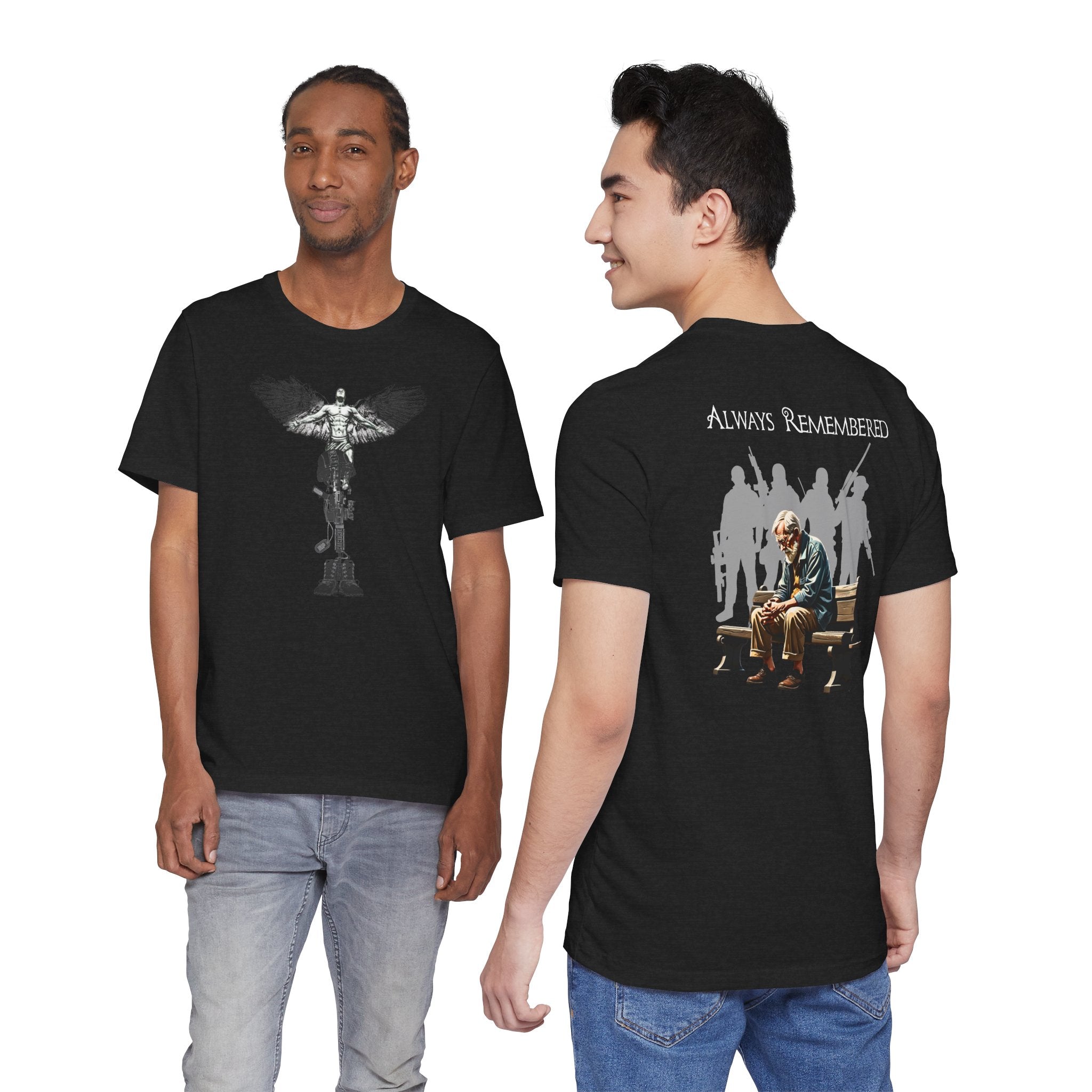 Veteran Tribute Tee — Fallen Soldier Cross with Winged Helmet & 'Forgotten Hero' Bench Back Design