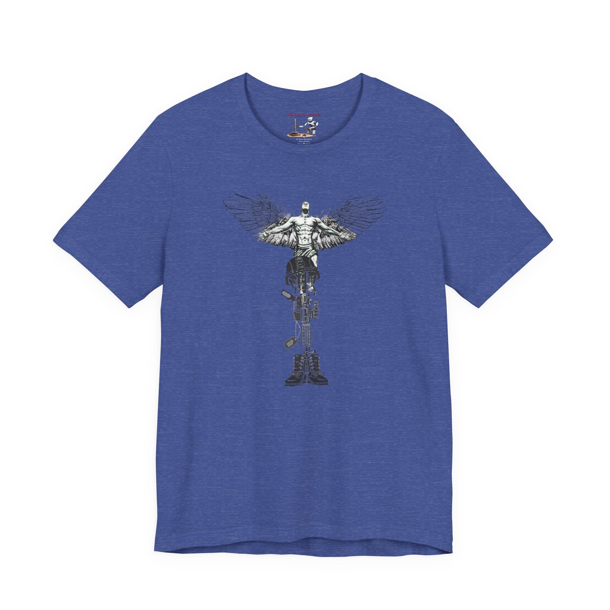 Veteran Tribute Tee — Fallen Soldier Cross with Winged Helmet & 'Forgotten Hero' Bench Back Design