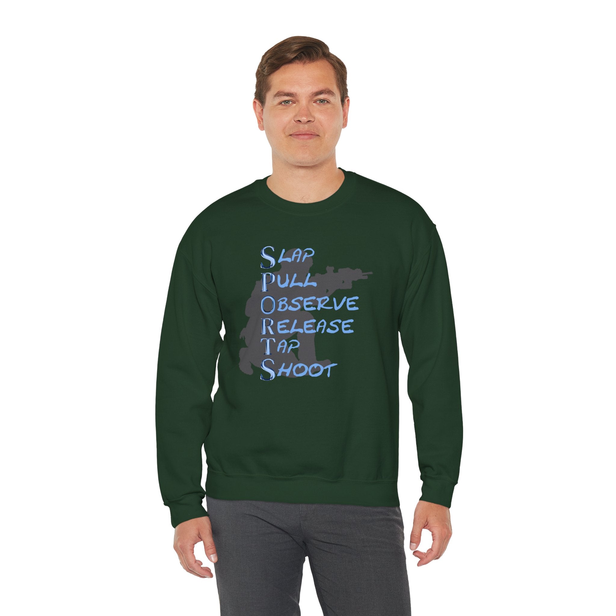 SPORTS Crewneck Sweatshirt – 'Slap Pull Observe Release Take Shoot' Silhouette