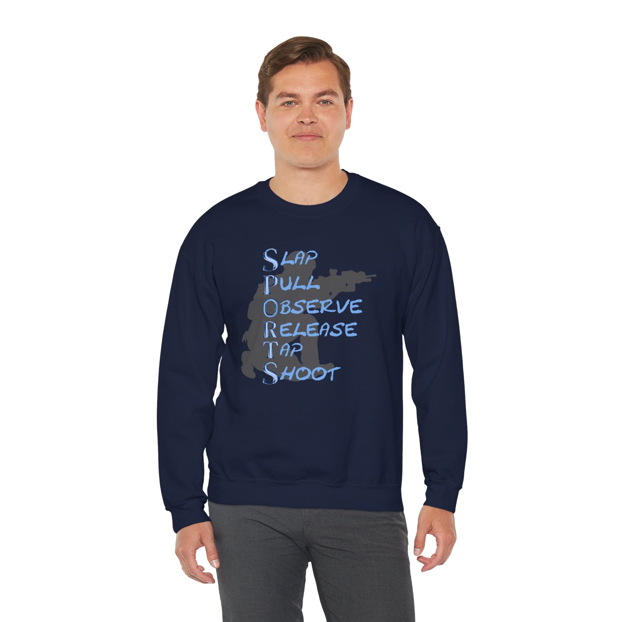 SPORTS Crewneck Sweatshirt – 'Slap Pull Observe Release Take Shoot' Silhouette