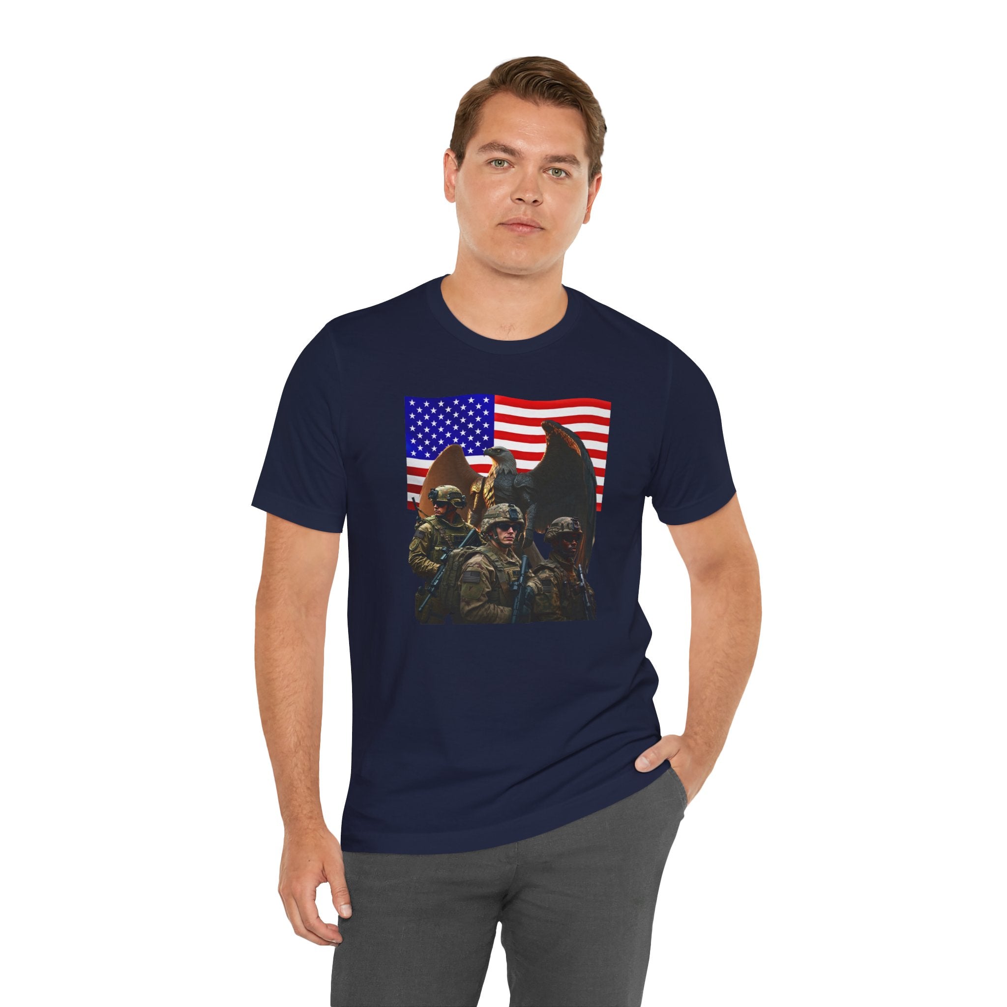 Eagle On Watch T-Shirt — Soldiers with American Flag Graphic