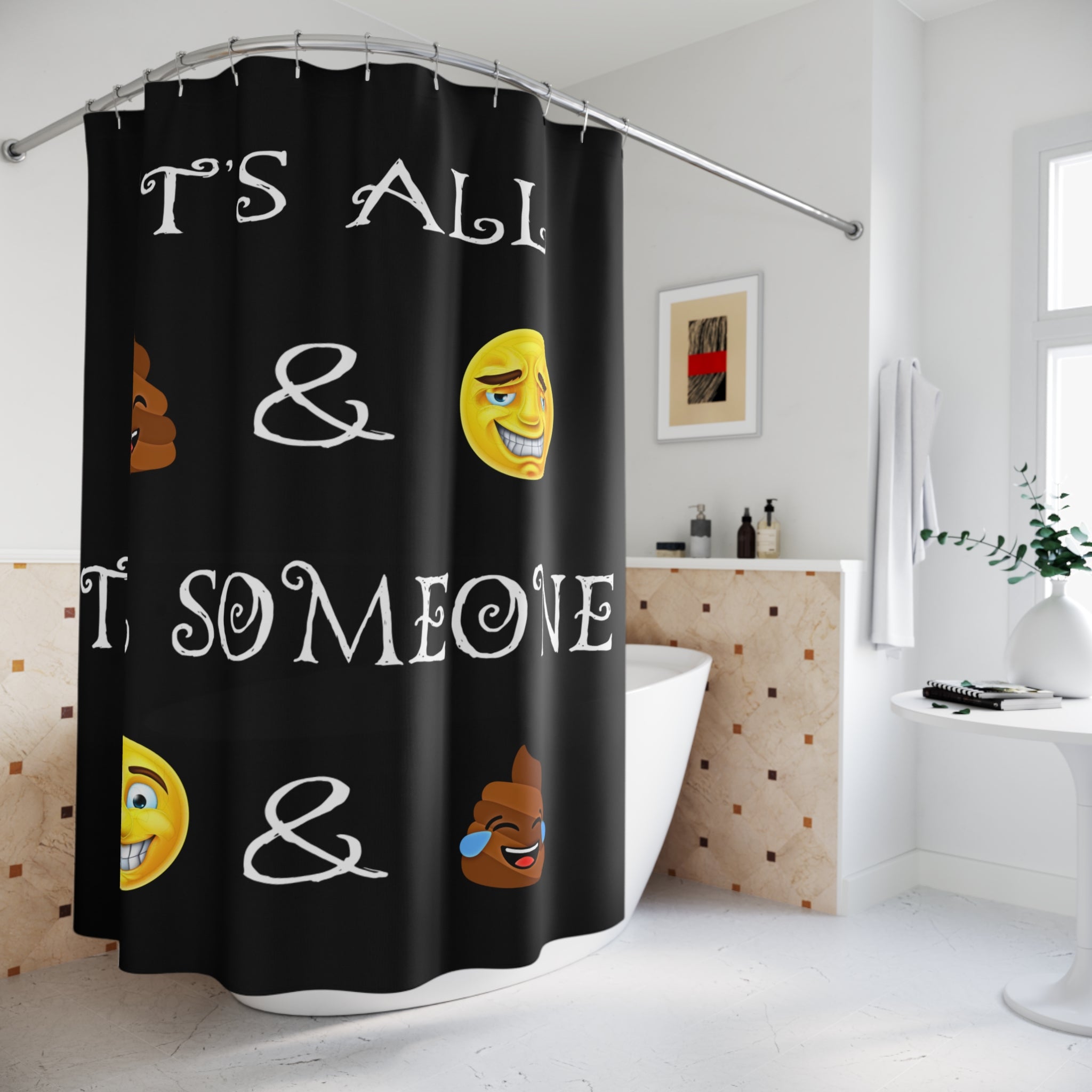 Funny Emoji Quote Shower Curtain | Poop and Grin Bathroom Decor