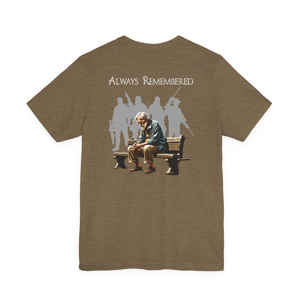 Veteran Tribute Tee — Fallen Soldier Cross with Winged Helmet & 'Forgotten Hero' Bench Back Design
