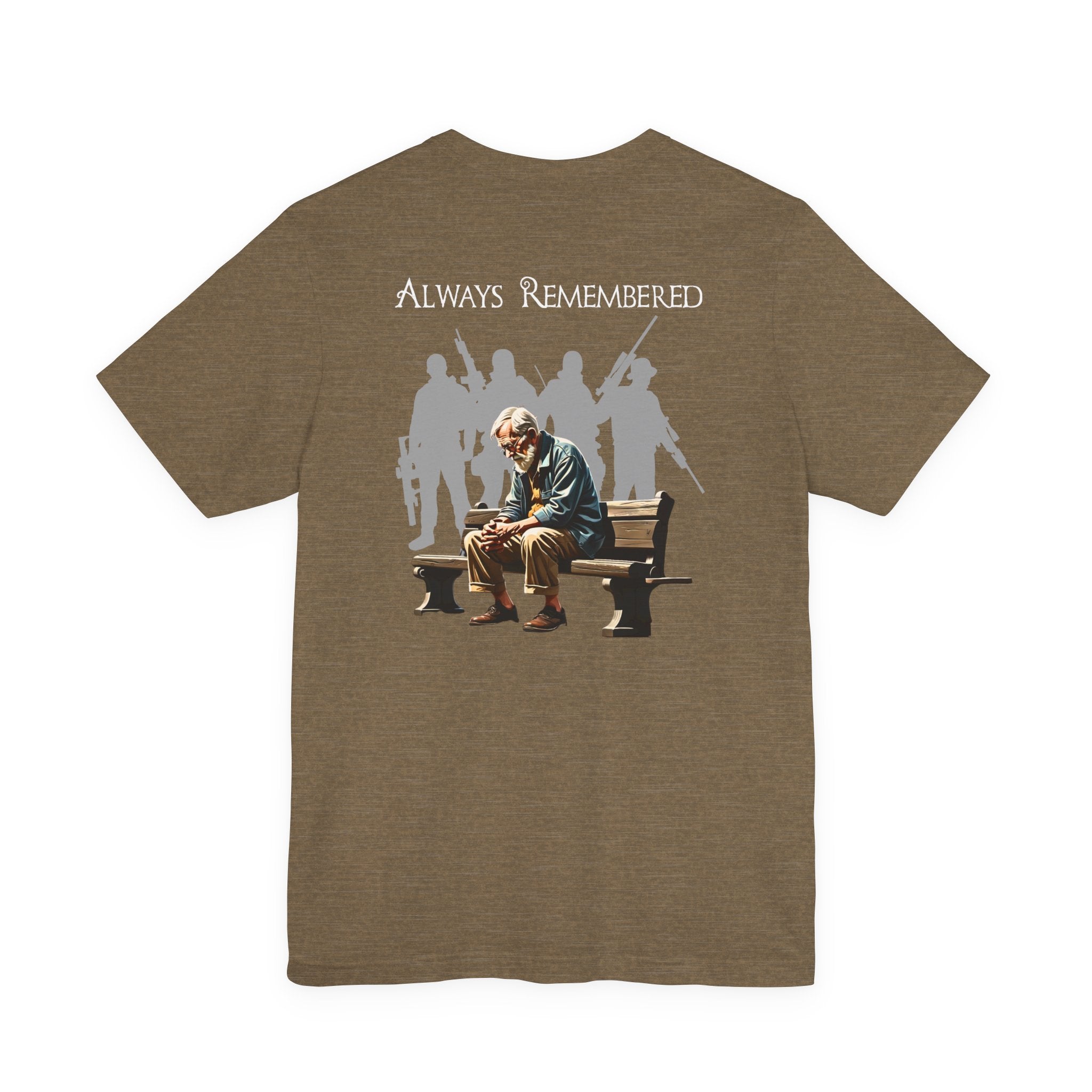 Veteran Tribute Tee — Fallen Soldier Cross with Winged Helmet & 'Forgotten Hero' Bench Back Design