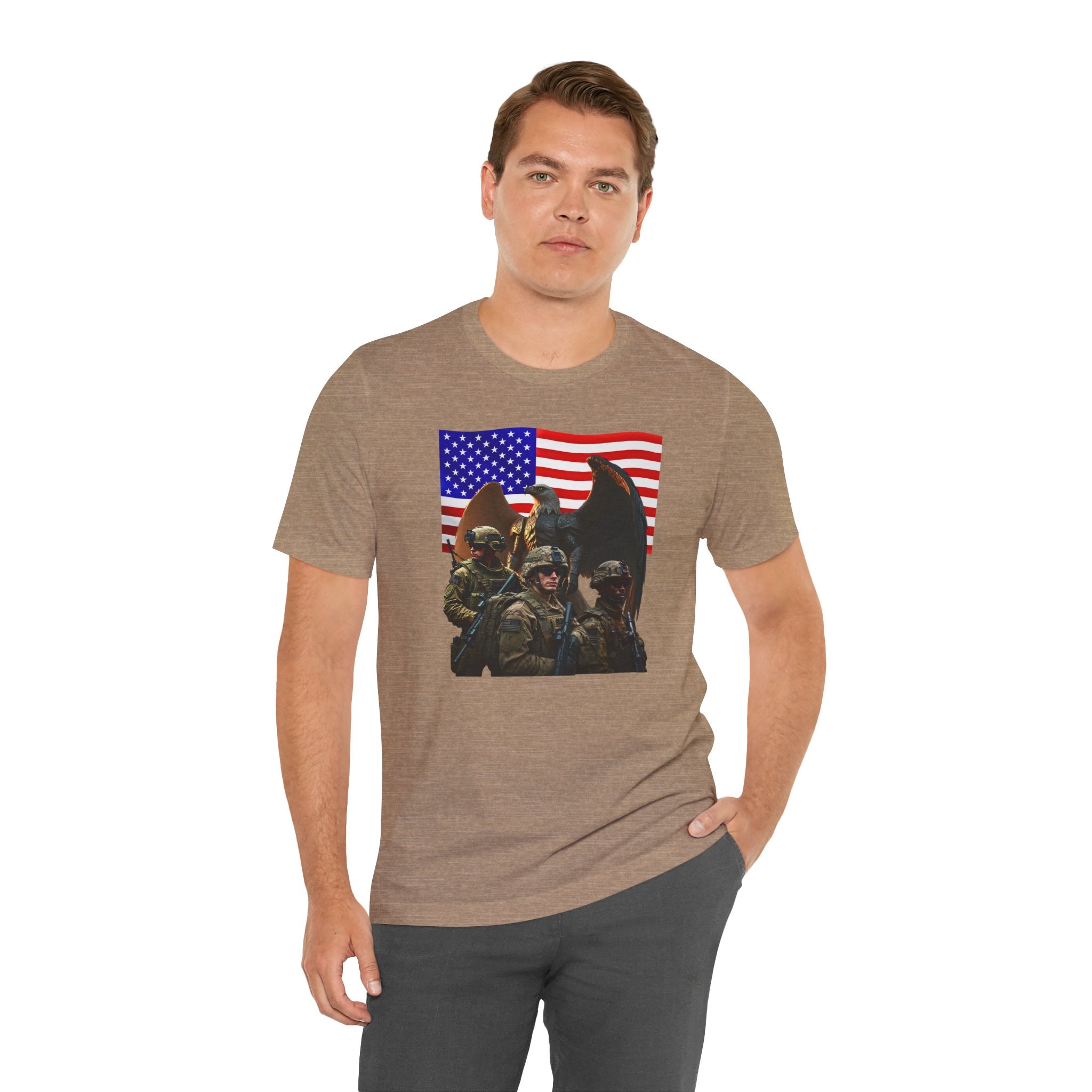 Eagle On Watch T-Shirt — Soldiers with American Flag Graphic