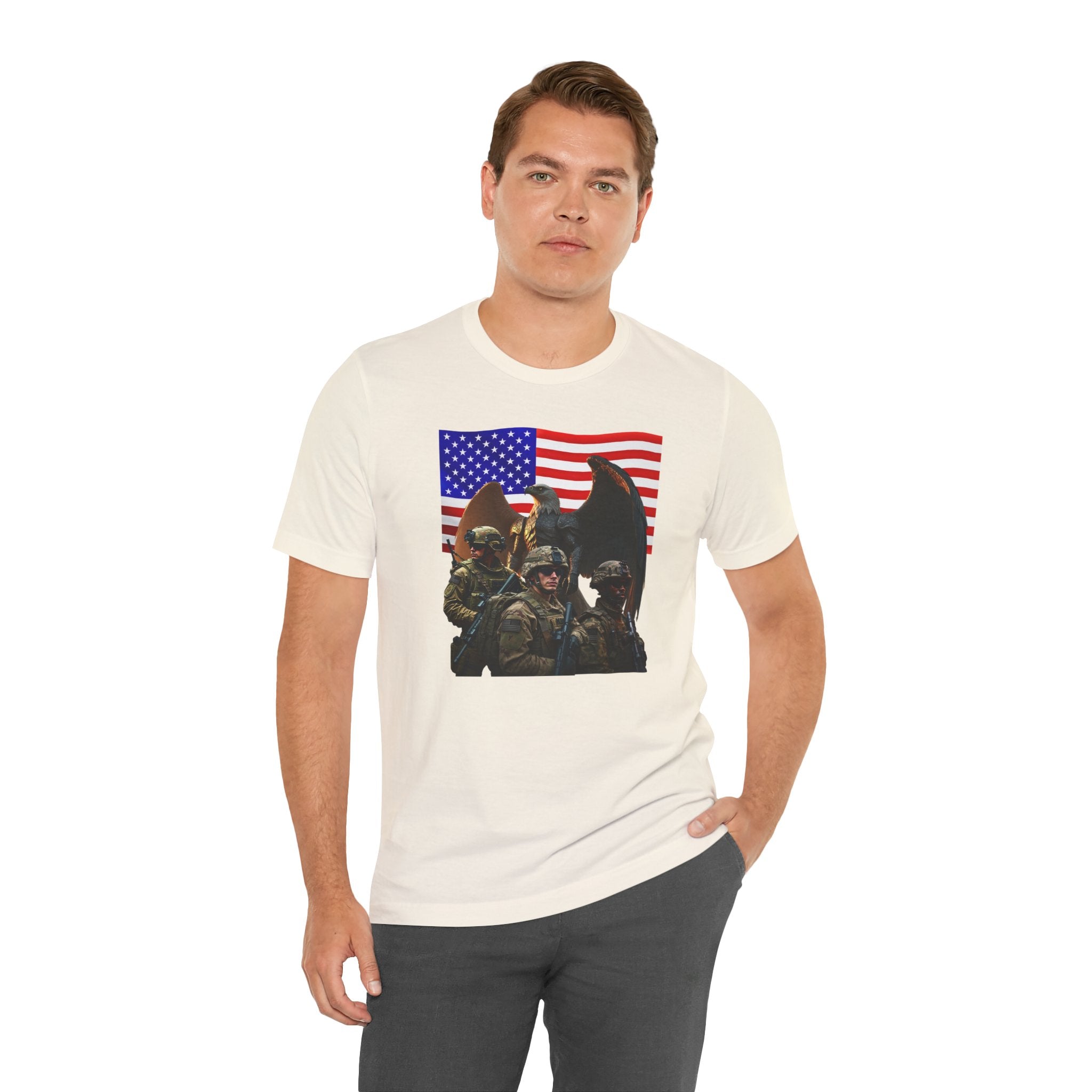 Eagle On Watch T-Shirt — Soldiers with American Flag Graphic