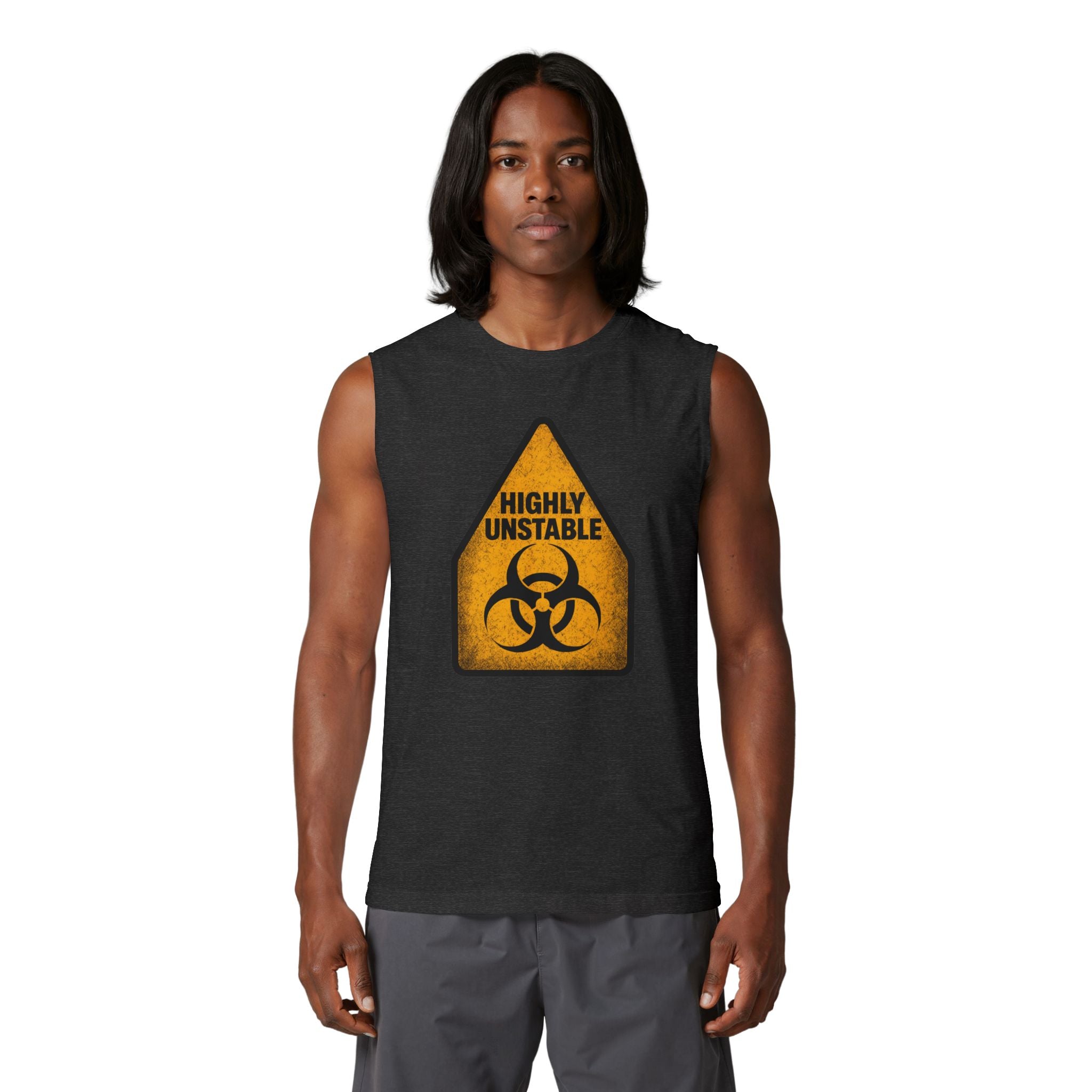 Highly Unstable Biohazard Muscle Tank — Graphic Warning Sign Gym Tank Top