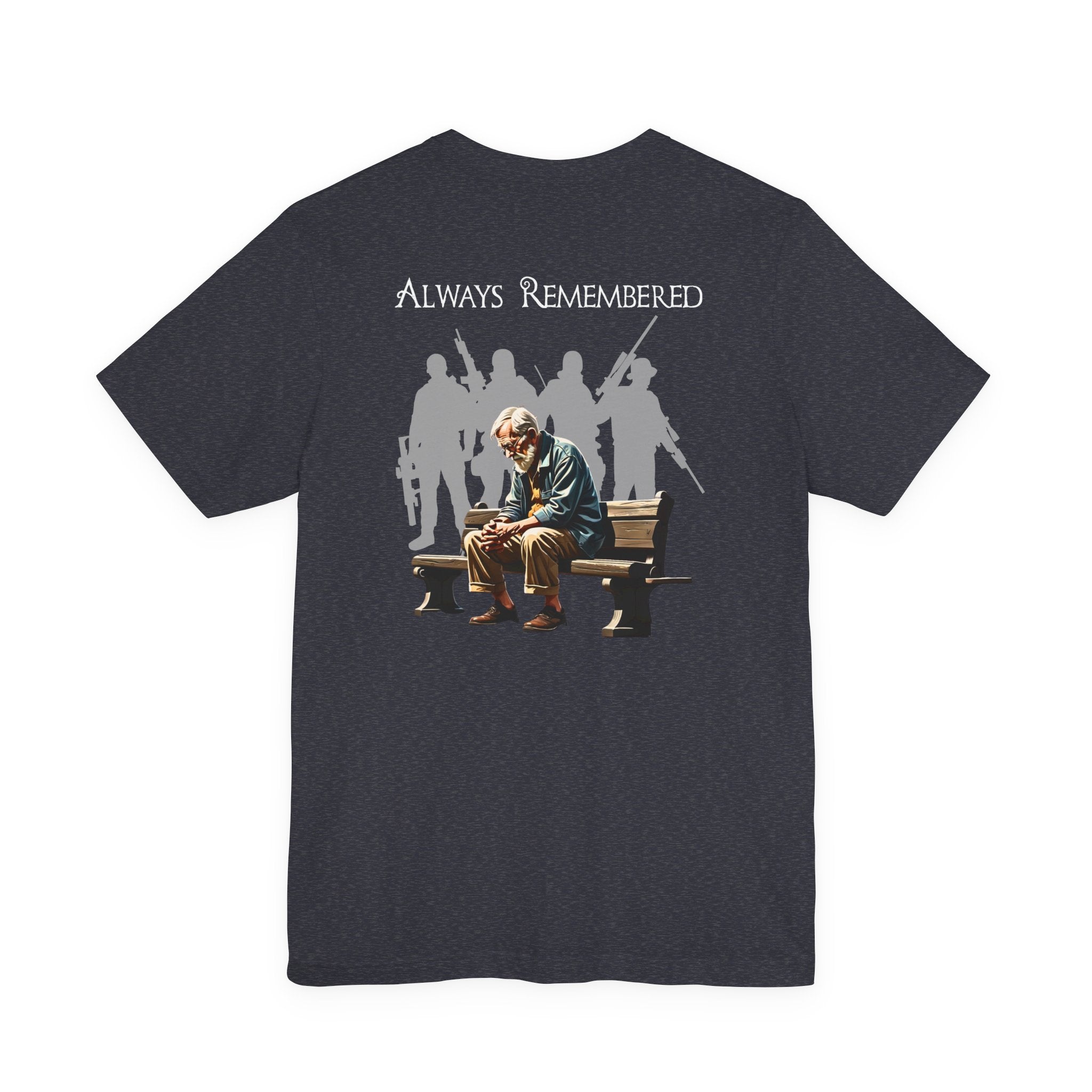 Veteran Tribute Tee — Fallen Soldier Cross with Winged Helmet & 'Forgotten Hero' Bench Back Design