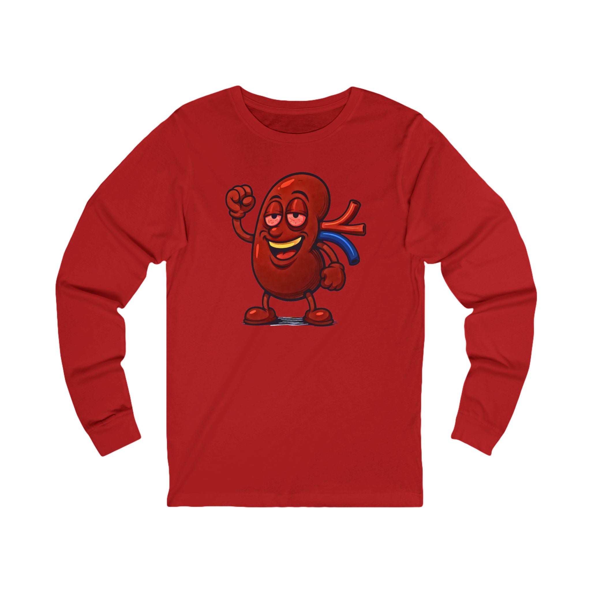 Cheerful Cartoon Kidney Stoned Long Sleeve Tee — Funny Organ Health Shirt
