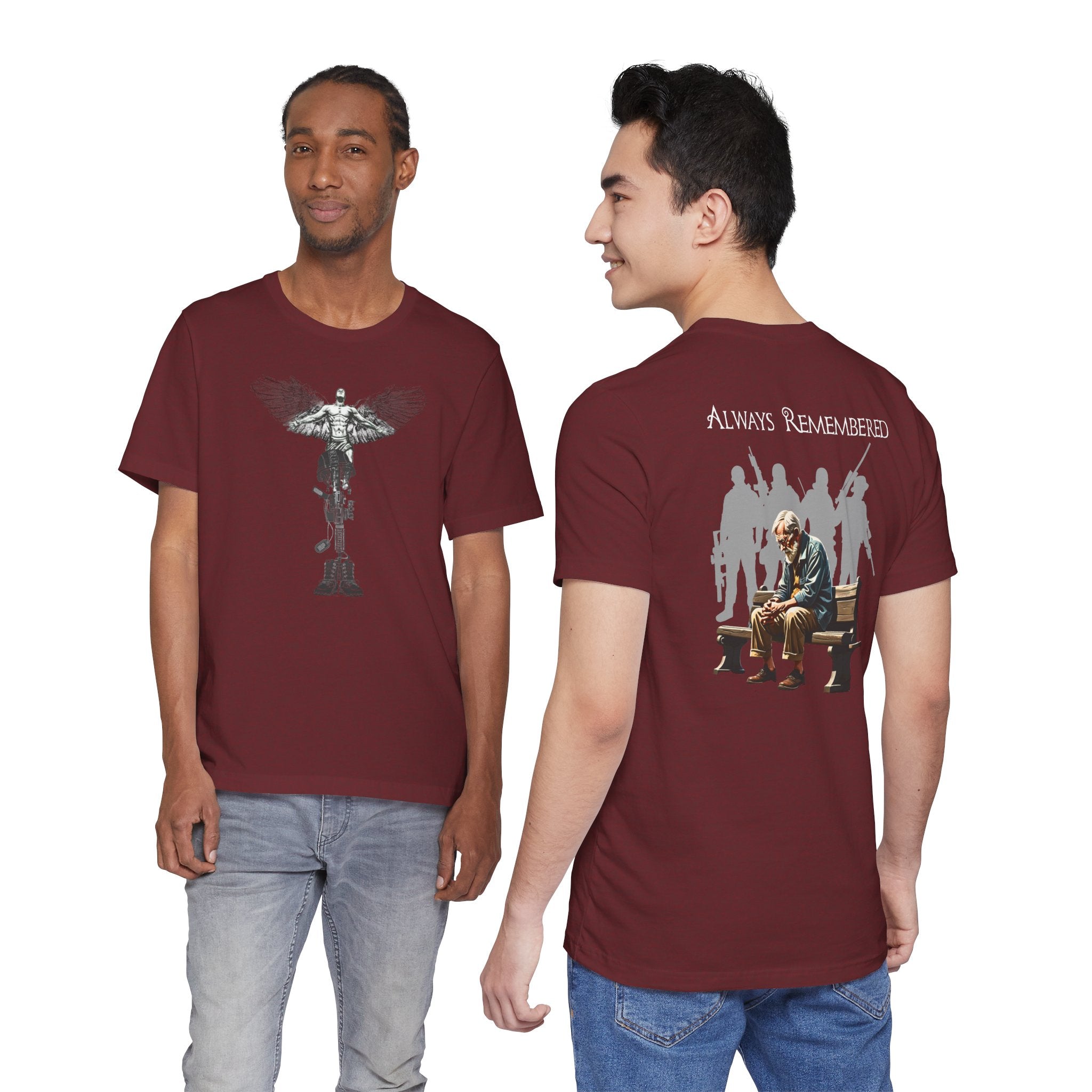 Veteran Tribute Tee — Fallen Soldier Cross with Winged Helmet & 'Forgotten Hero' Bench Back Design