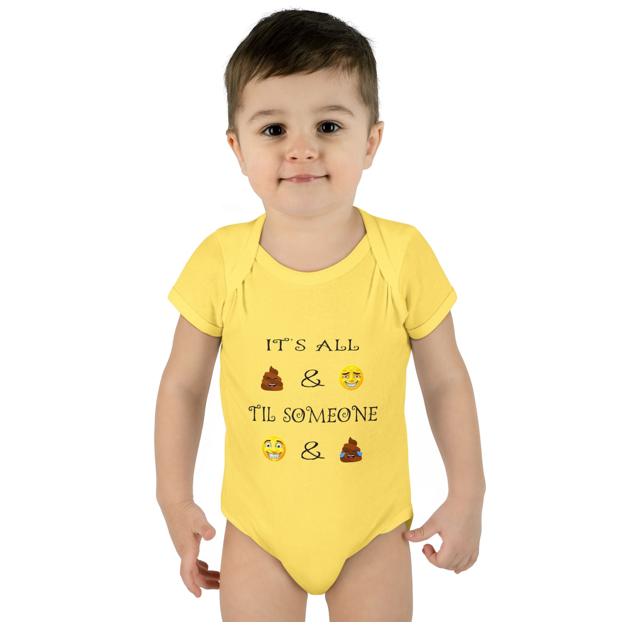 "It's All & 'Til Someone" Poop & Emoji Funny Baby Onesie