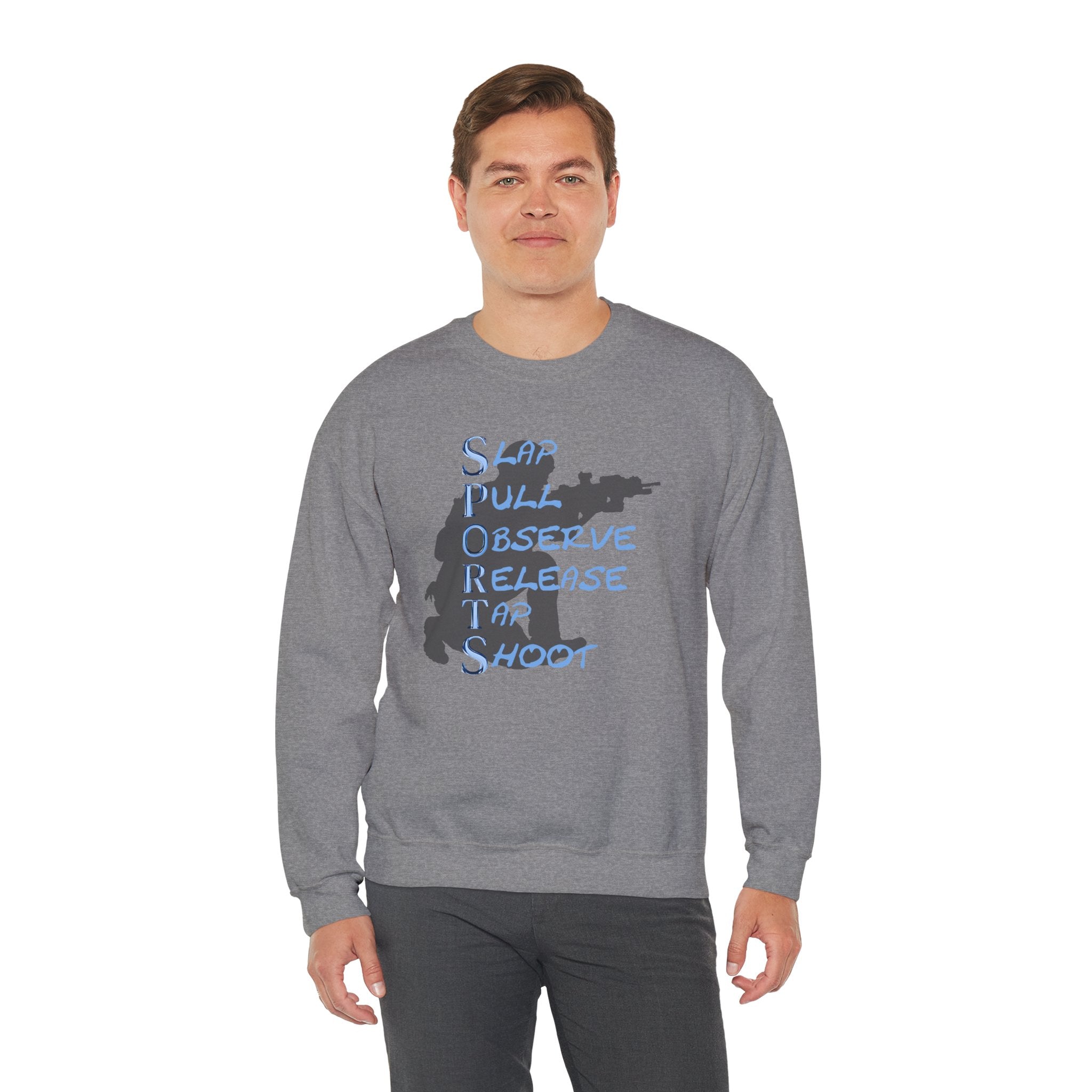 SPORTS Crewneck Sweatshirt – 'Slap Pull Observe Release Take Shoot' Silhouette