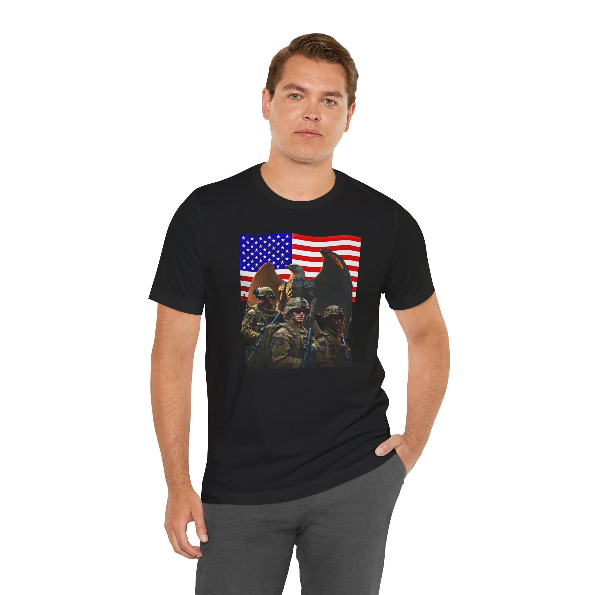 Eagle On Watch T-Shirt — Soldiers with American Flag Graphic