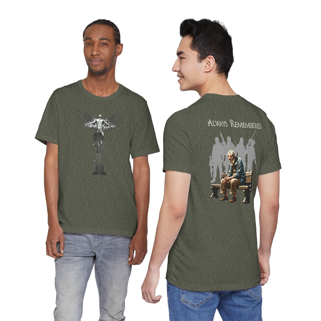 Veteran Tribute Tee — Fallen Soldier Cross with Winged Helmet & 'Forgotten Hero' Bench Back Design