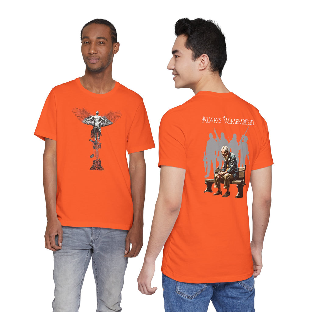 Veteran Tribute Tee — Fallen Soldier Cross with Winged Helmet & 'Forgotten Hero' Bench Back Design