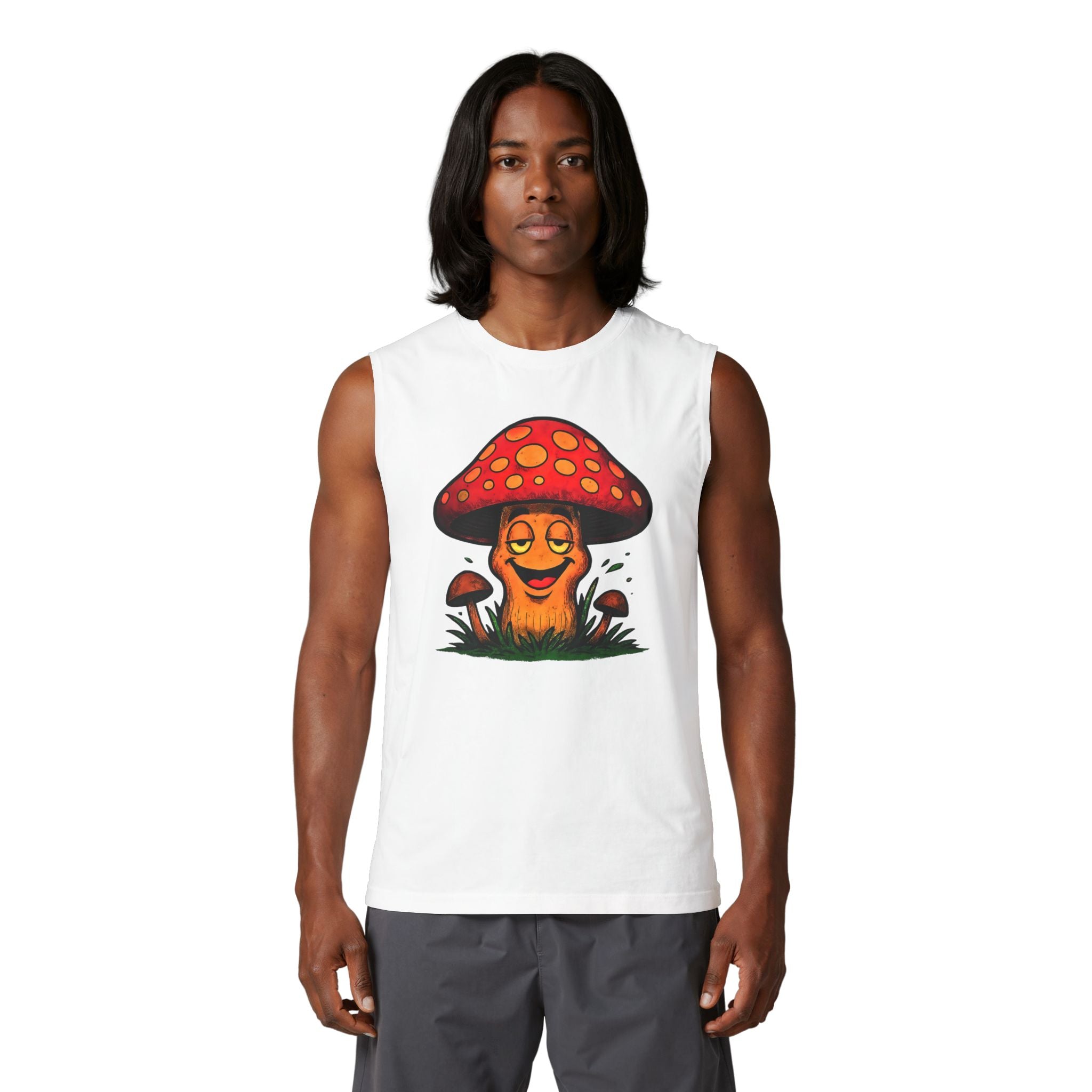 Chill Cartoon Mushroom Muscle Tank — Retro Smiling Fungus Graphic Tee