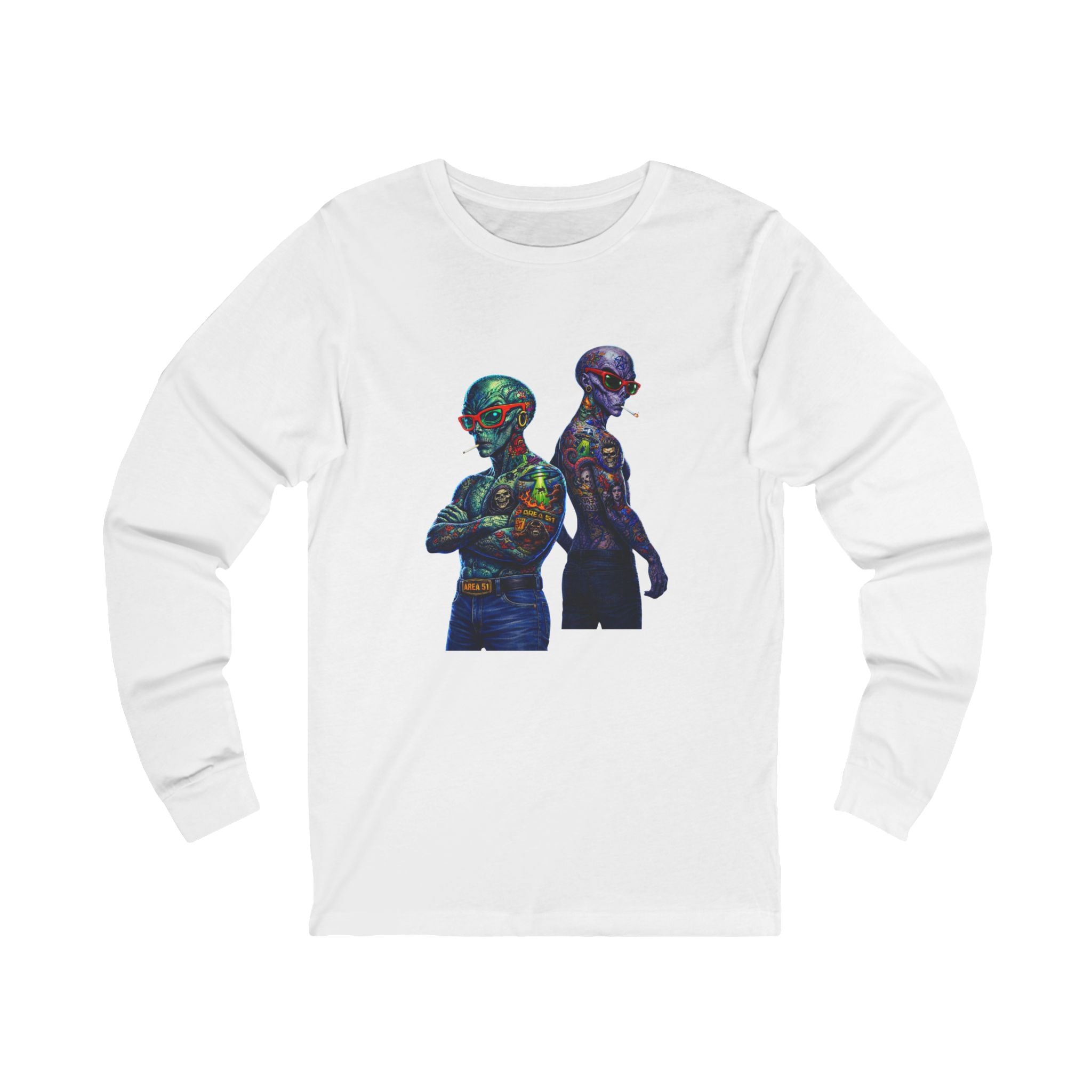 Psychedelic Alien Art Long Sleeve Tee — Colorful Cosmic Duo Graphic