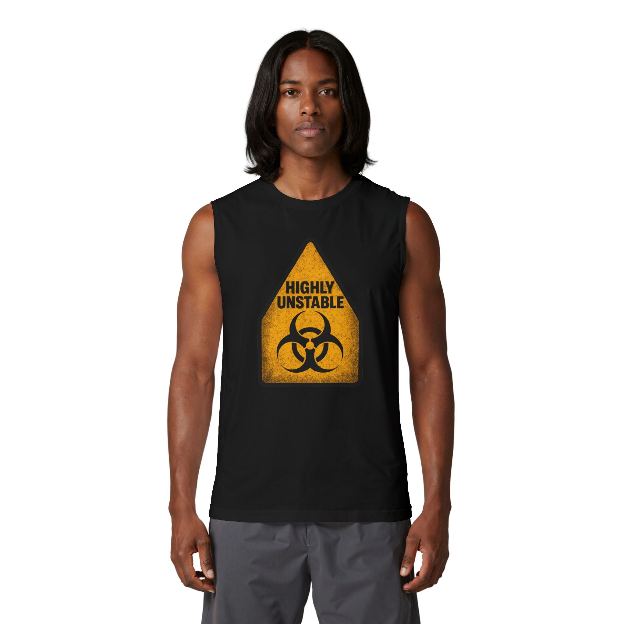 Highly Unstable Biohazard Muscle Tank — Graphic Warning Sign Gym Tank Top