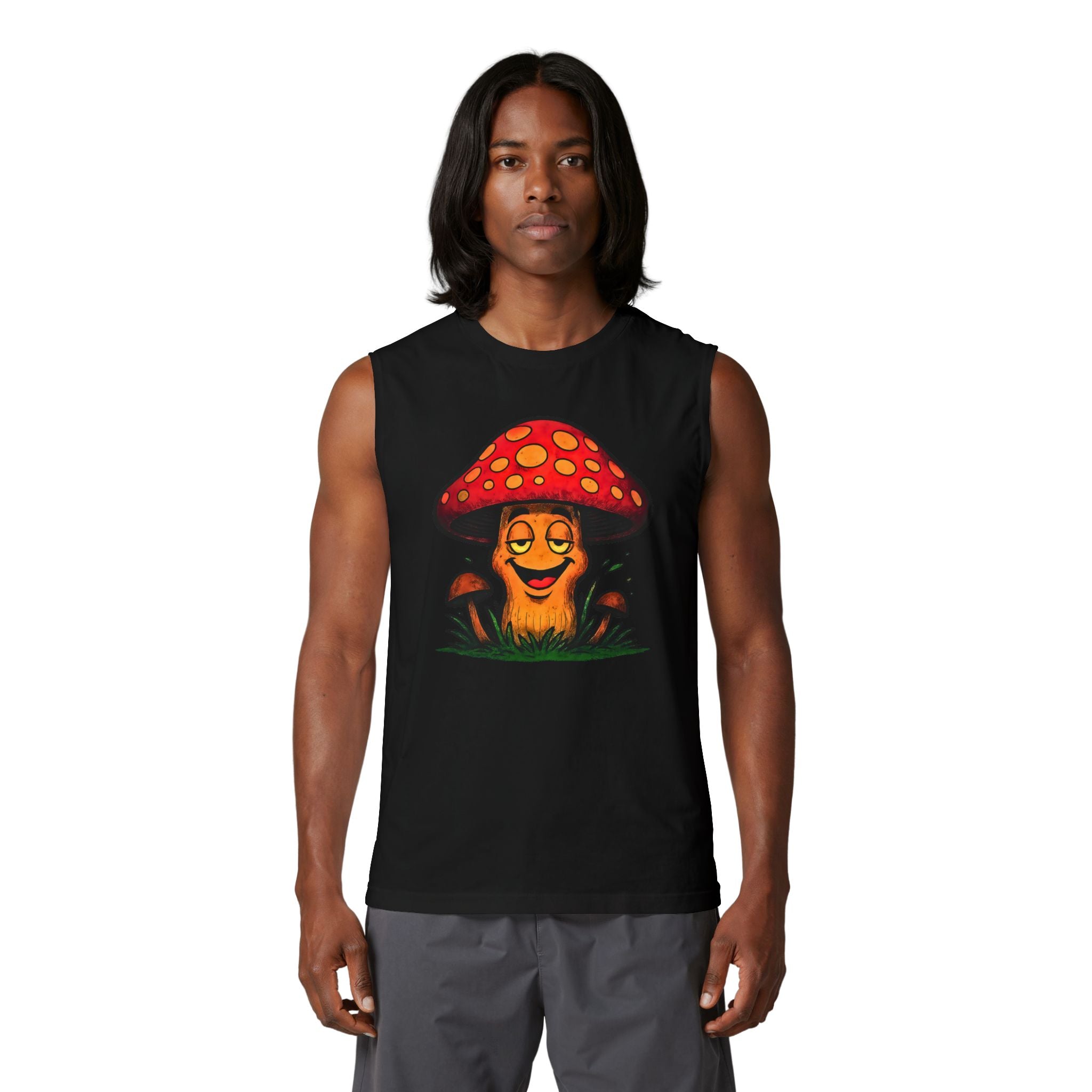 Chill Cartoon Mushroom Muscle Tank — Retro Smiling Fungus Graphic Tee