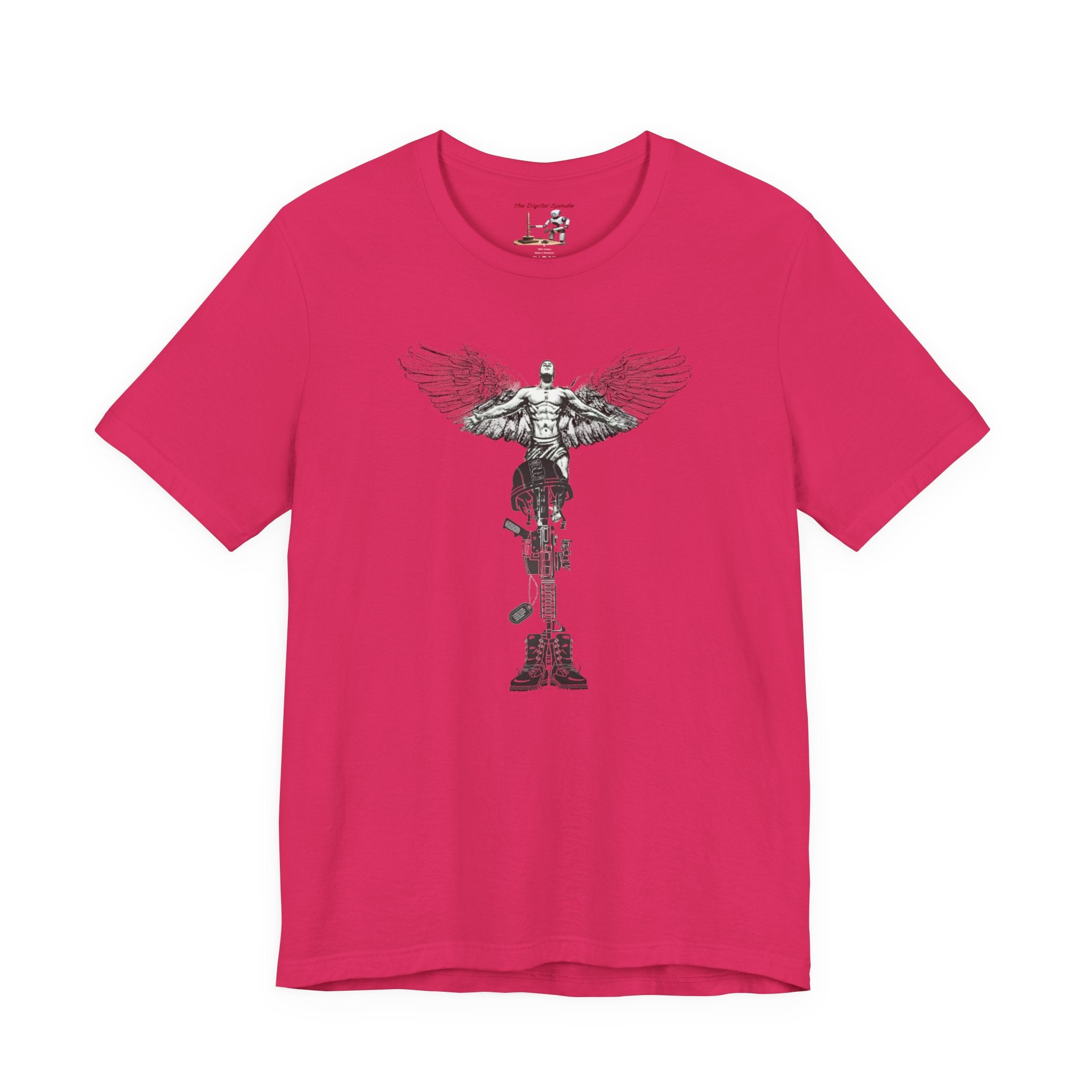Veteran Tribute Tee — Fallen Soldier Cross with Winged Helmet & 'Forgotten Hero' Bench Back Design