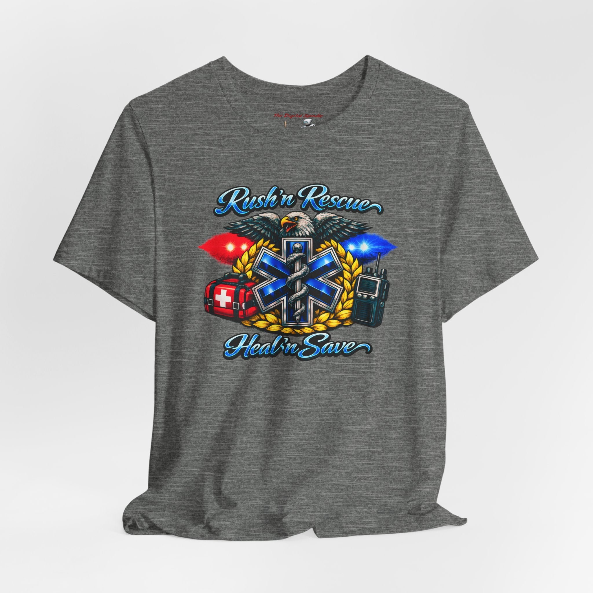 EMS Rescue Tee — "Rush n' Rescue, Heal n' Save" Emergency Medical Shirt